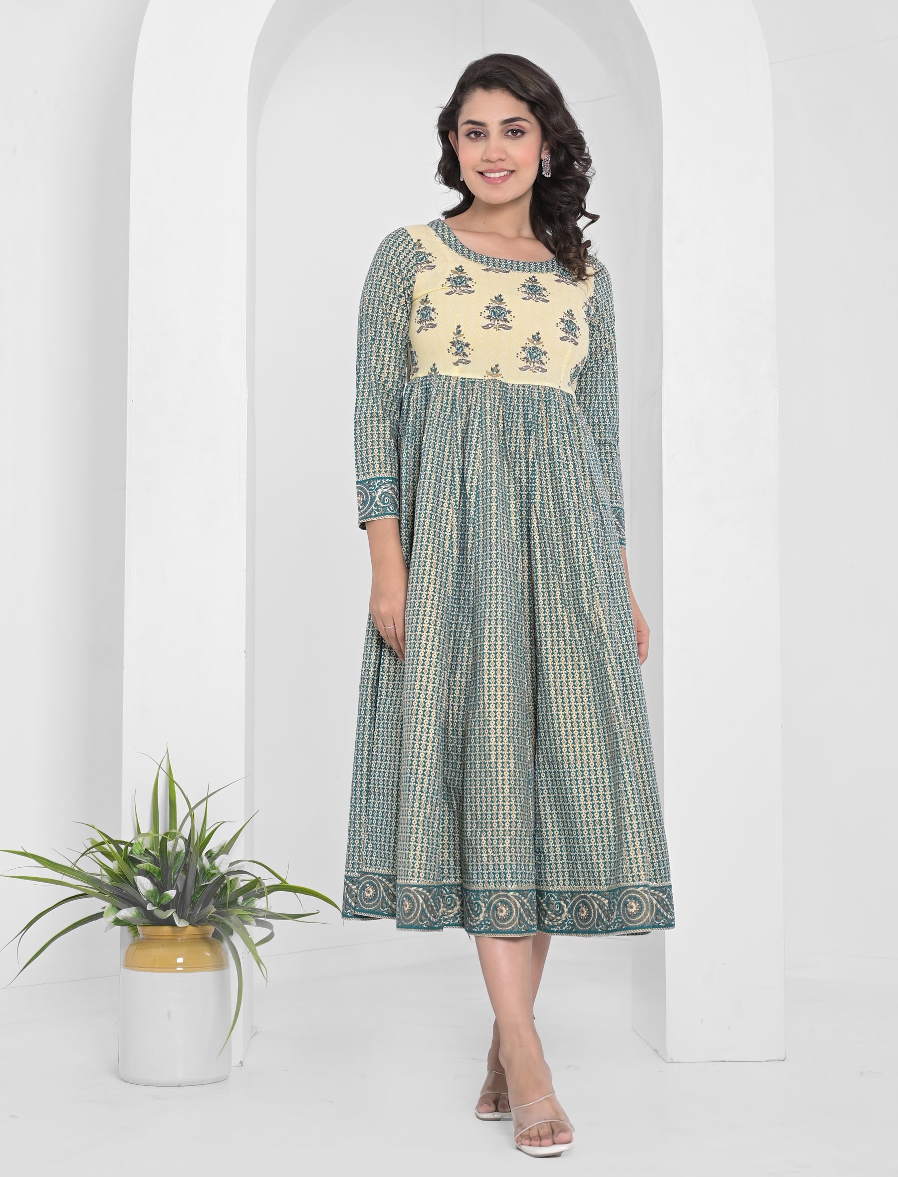 Sea Green Block Printed Long Cotton Anarkali Dress