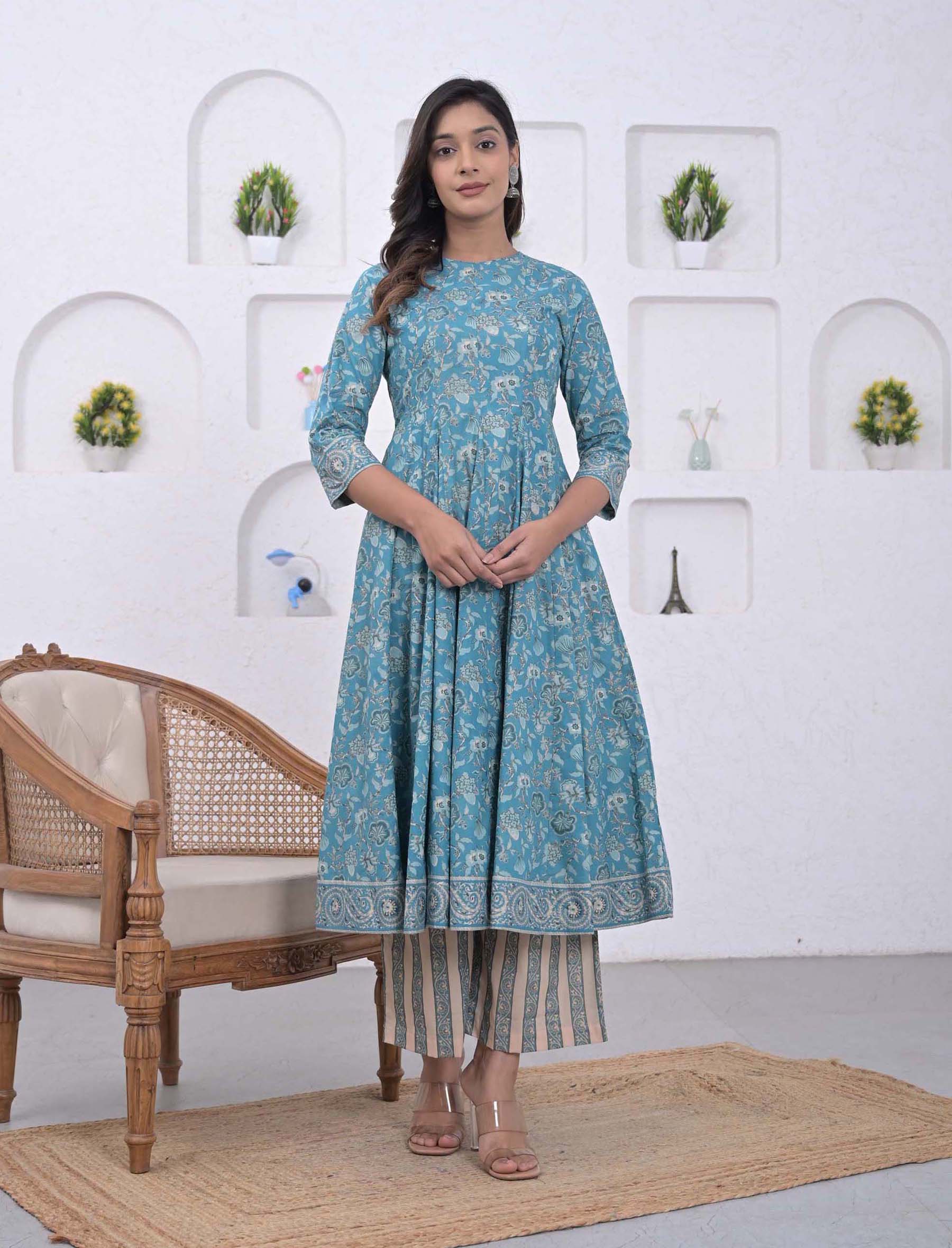 Blue Cotton Printed Anarkali Kurta Pant Set