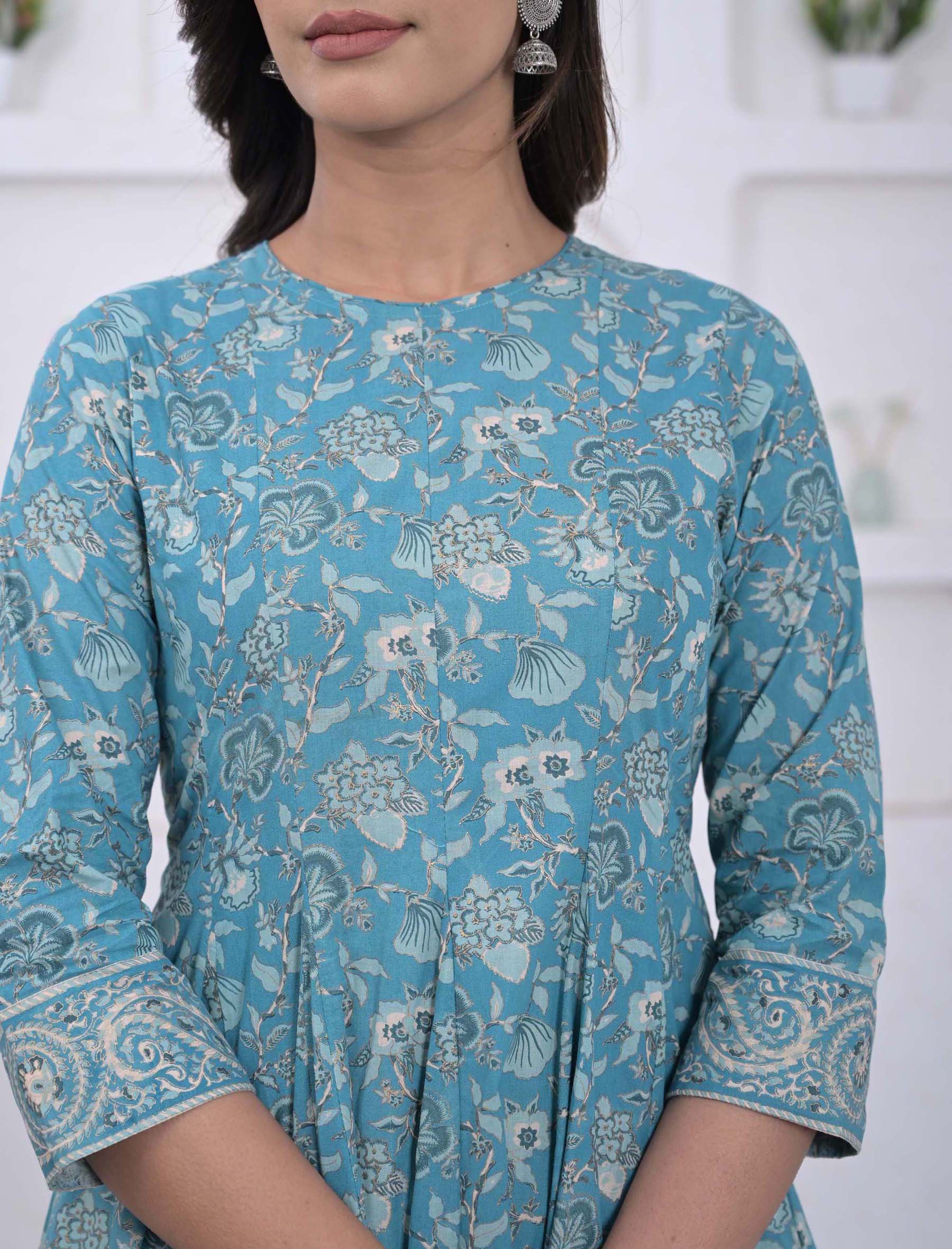 Blue Cotton Printed Anarkali Kurta Pant Set