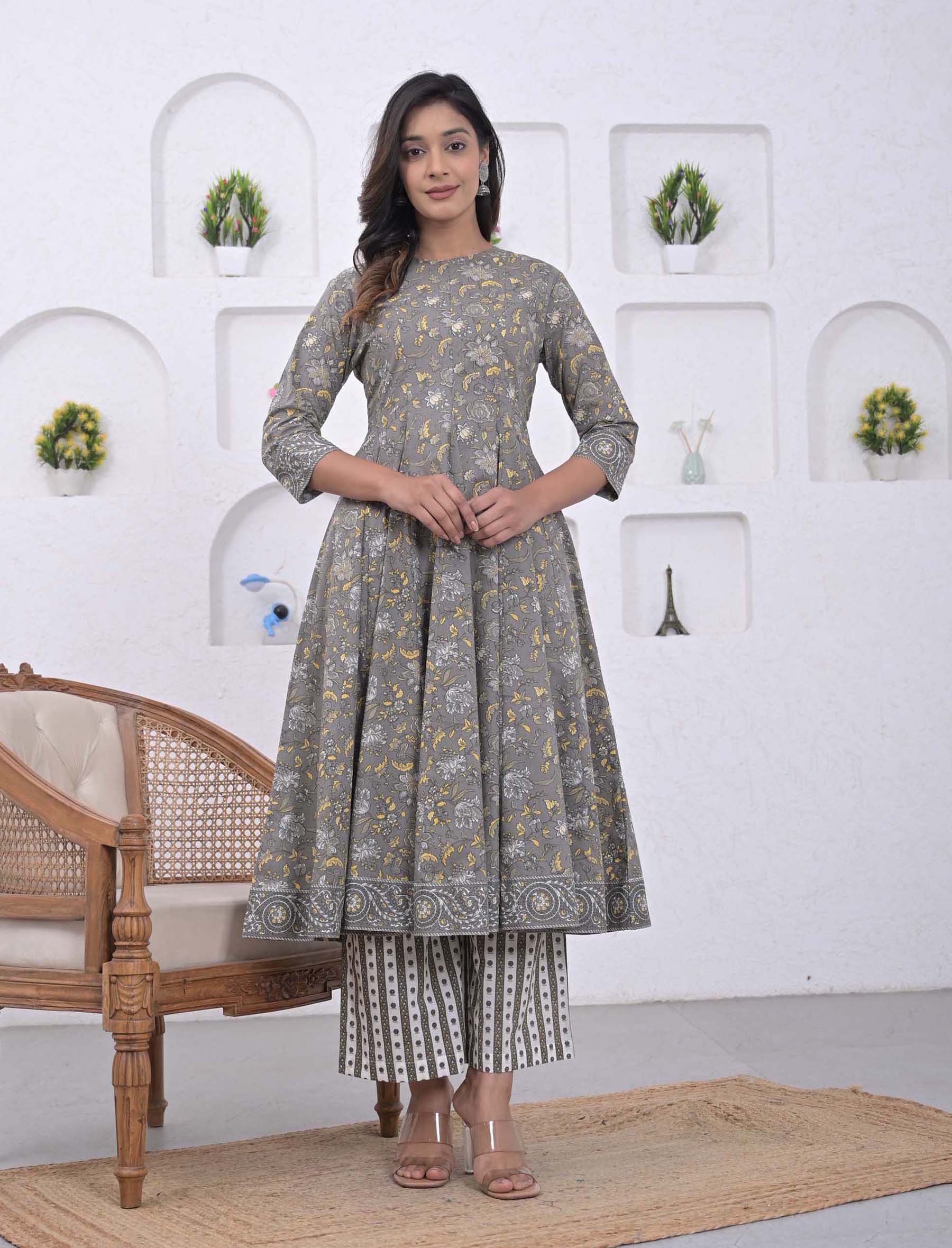 Grey Cotton Printed Anarkali Kurta Pant Set
