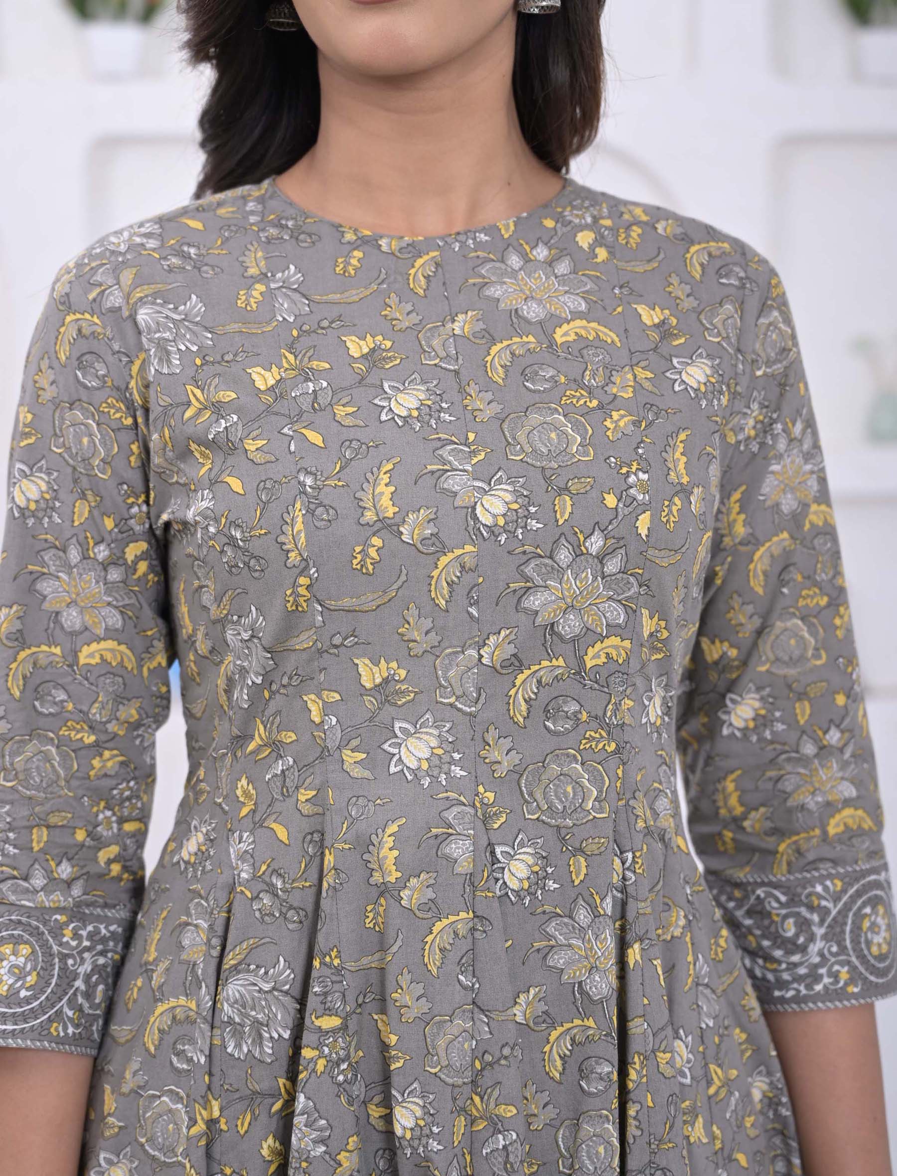 Grey Cotton Printed Anarkali Kurta Pant Set