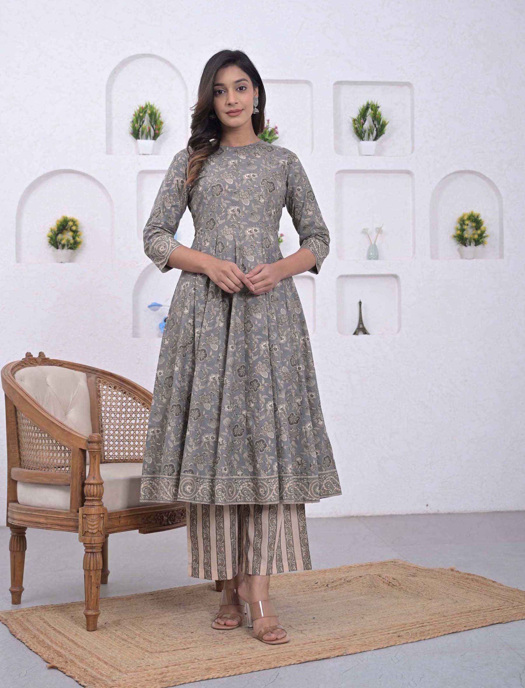 Grey Jaal Cotton Printed Anarkali Kurta Pant Set