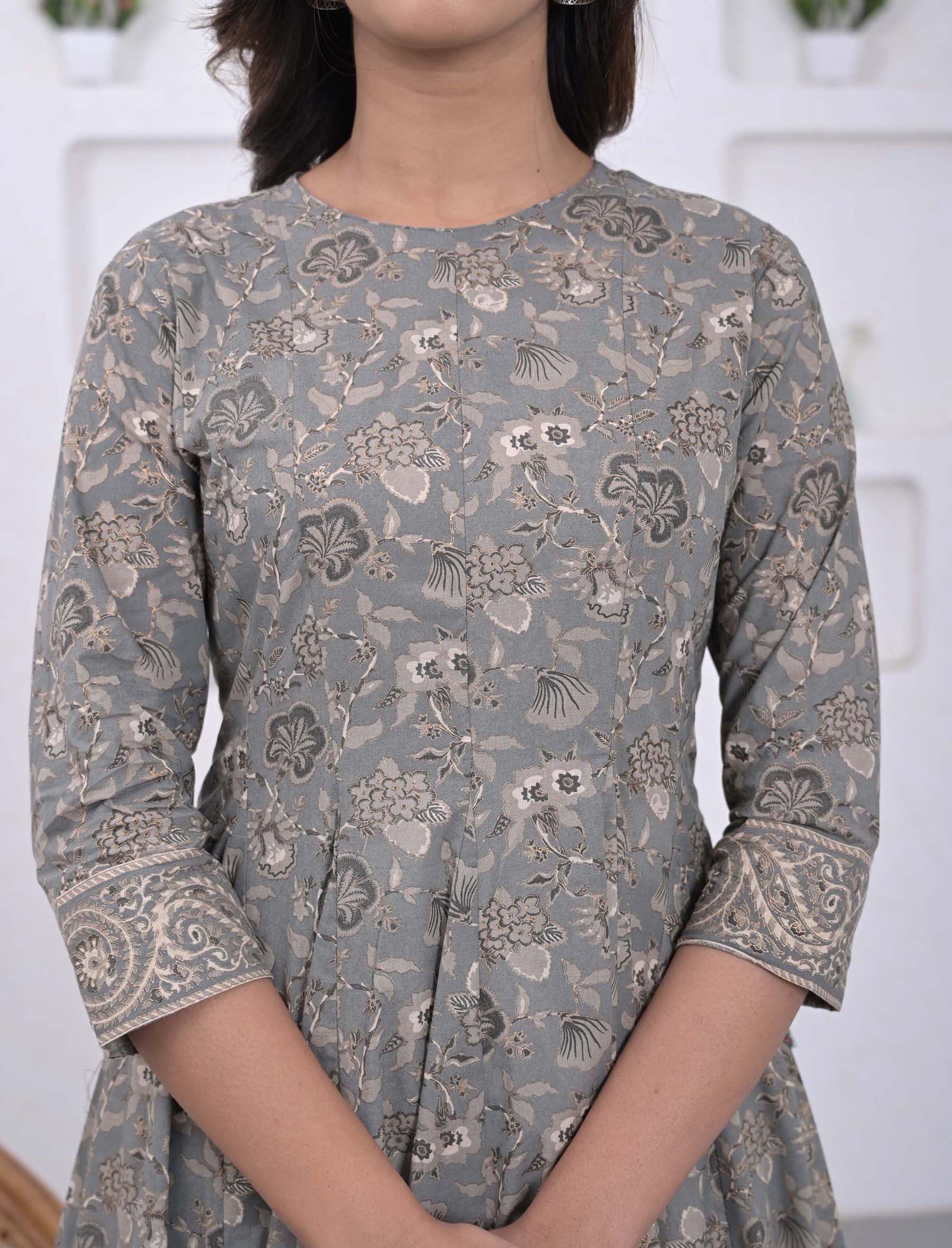 Grey Jaal Cotton Printed Anarkali Kurta Pant Set