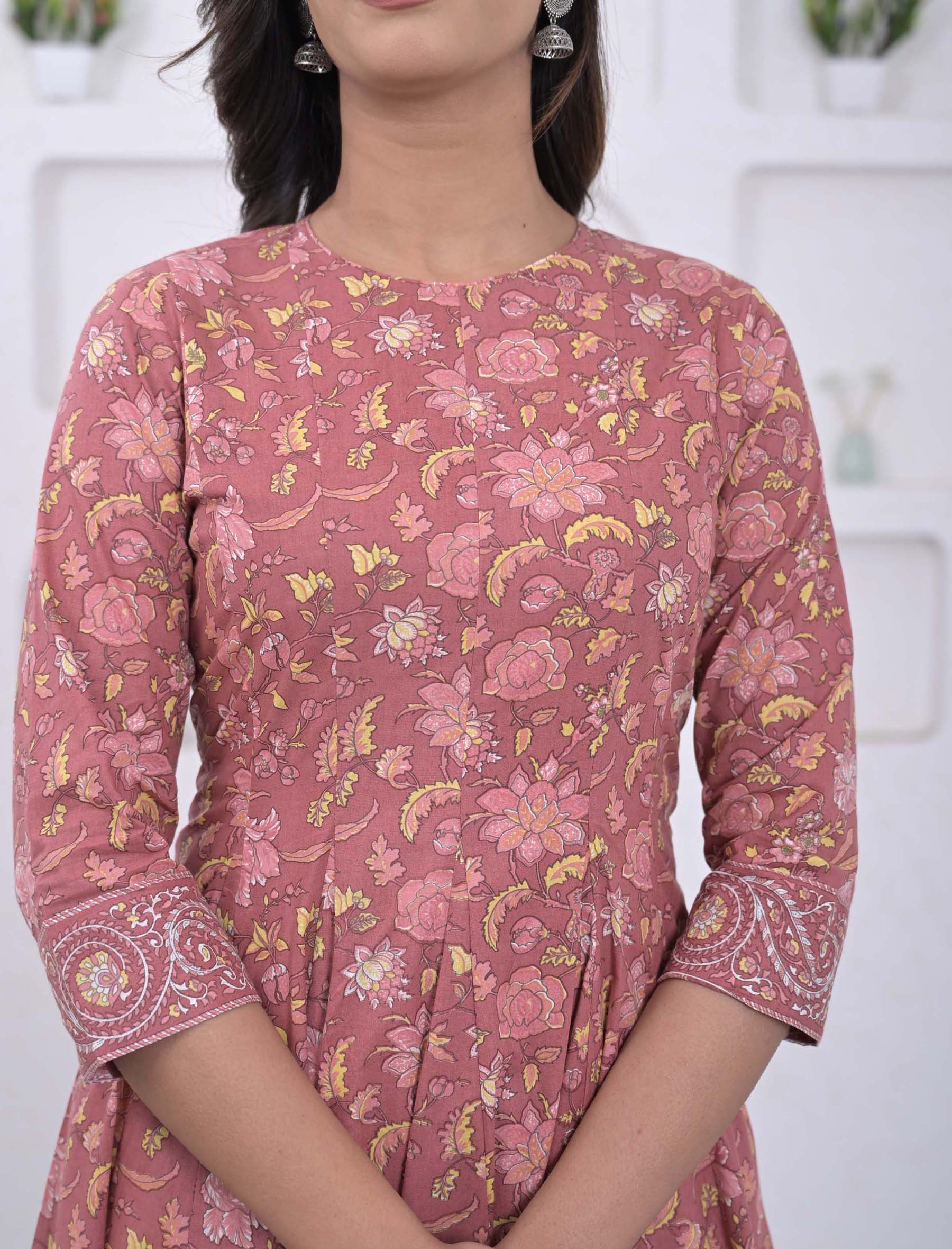 Mauve Cotton Printed Anarkali Kurta Pant Set