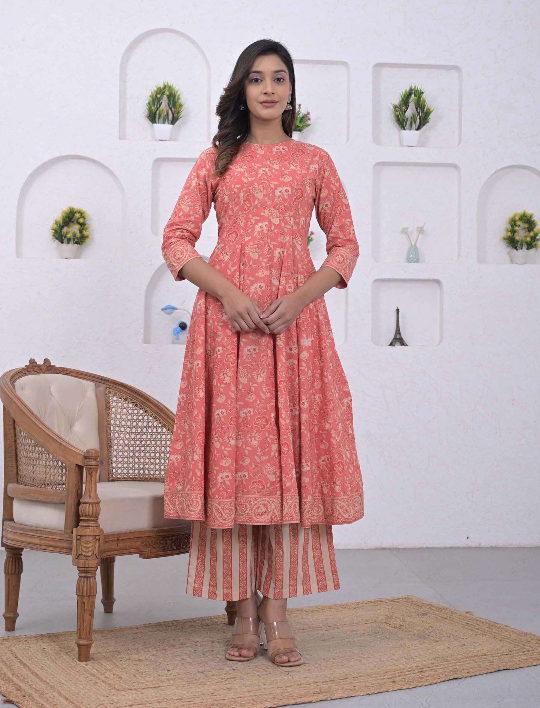 Peach Cotton Printed Anarkali Kurta Pant Set