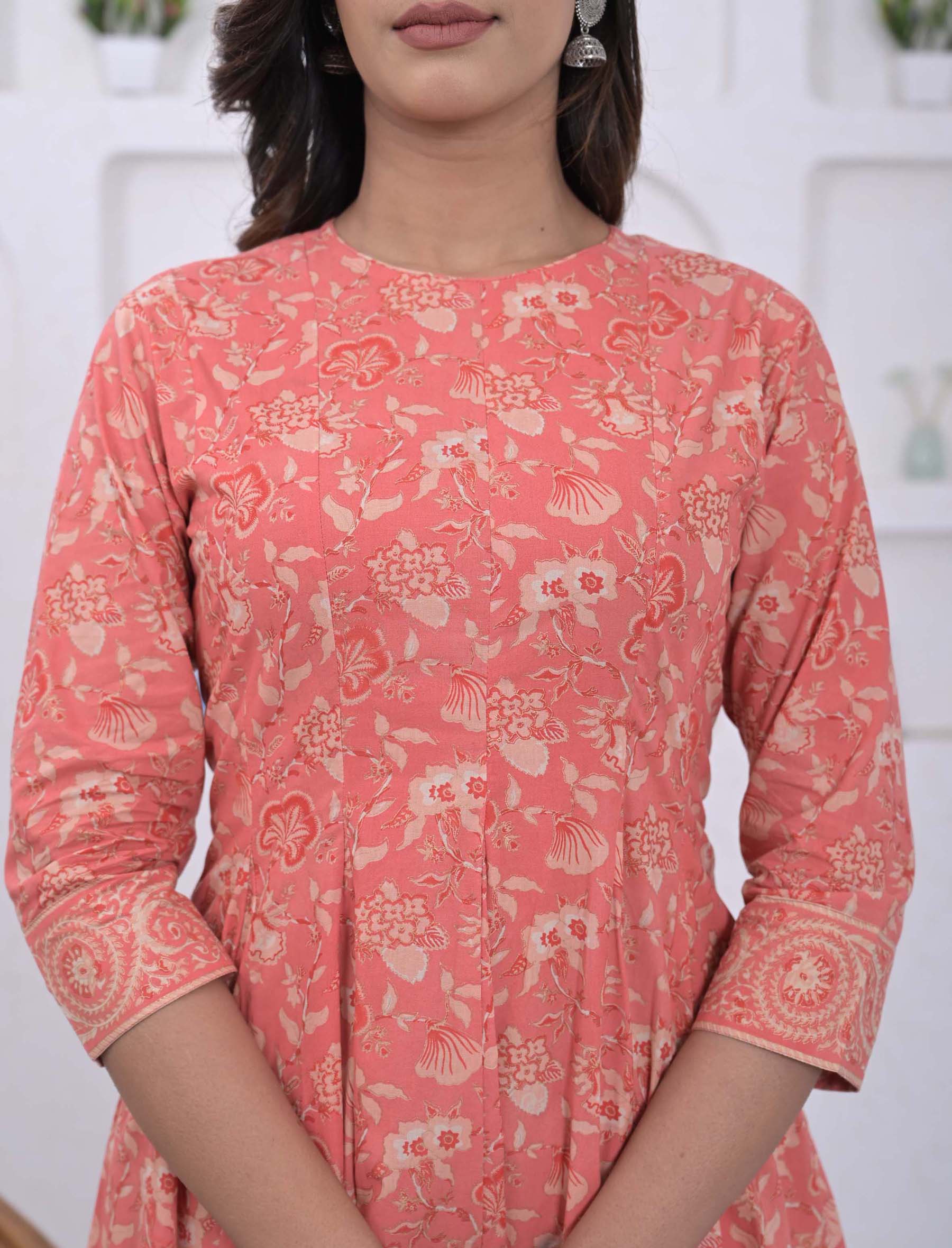 Peach Cotton Printed Anarkali Kurta Pant Set