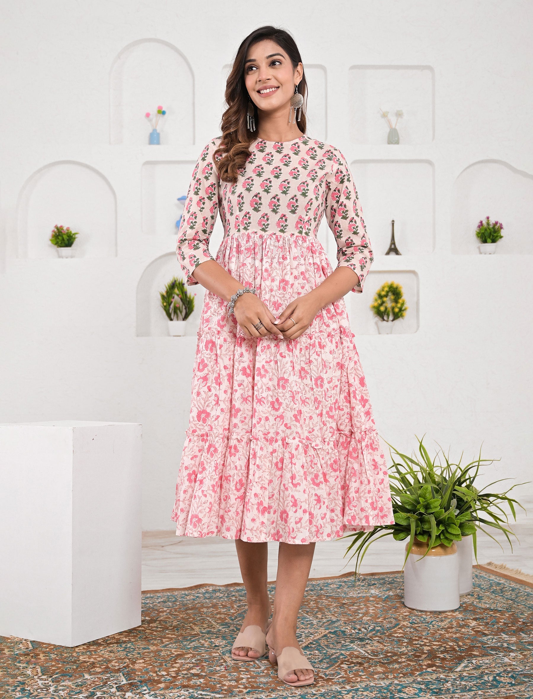 Beige White Jaal Cotton Printed Dress
