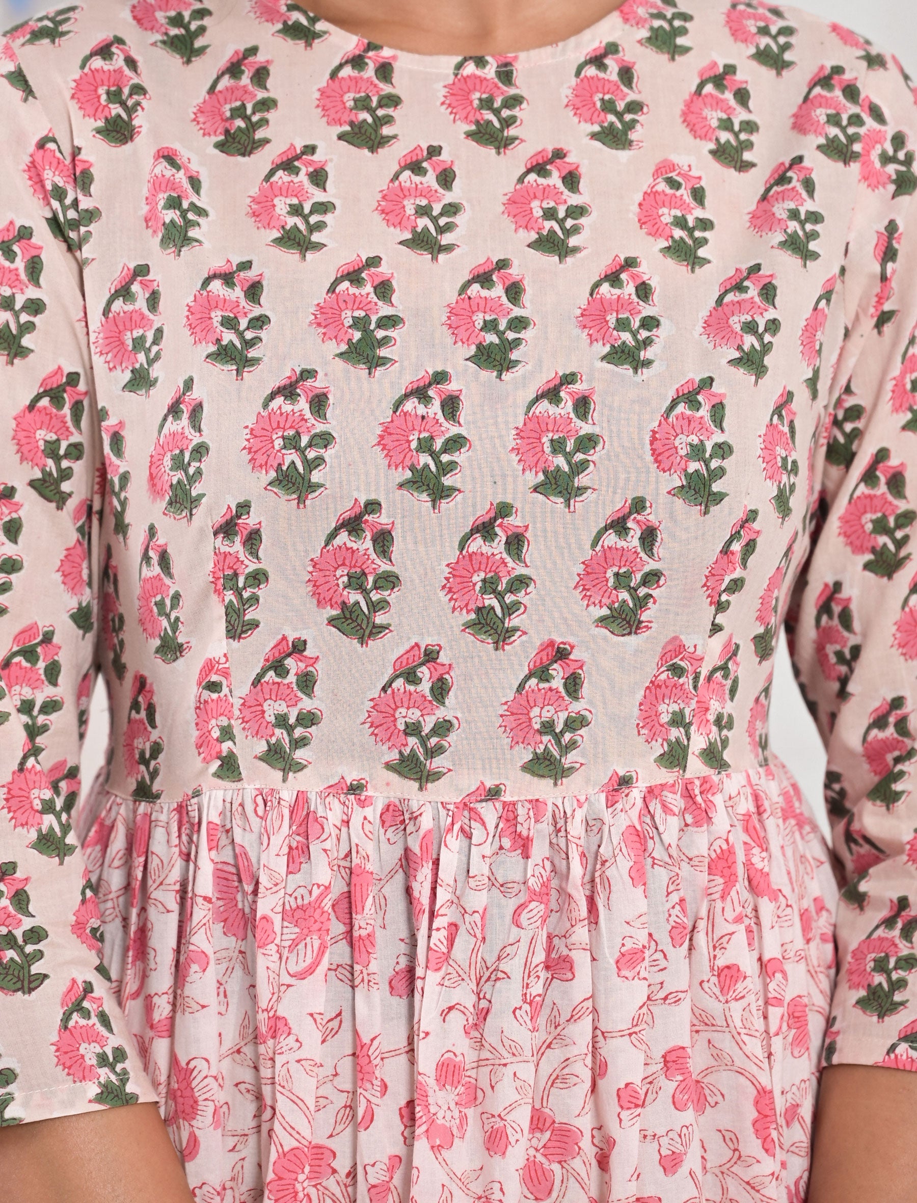 Beige White Jaal Cotton Printed Dress