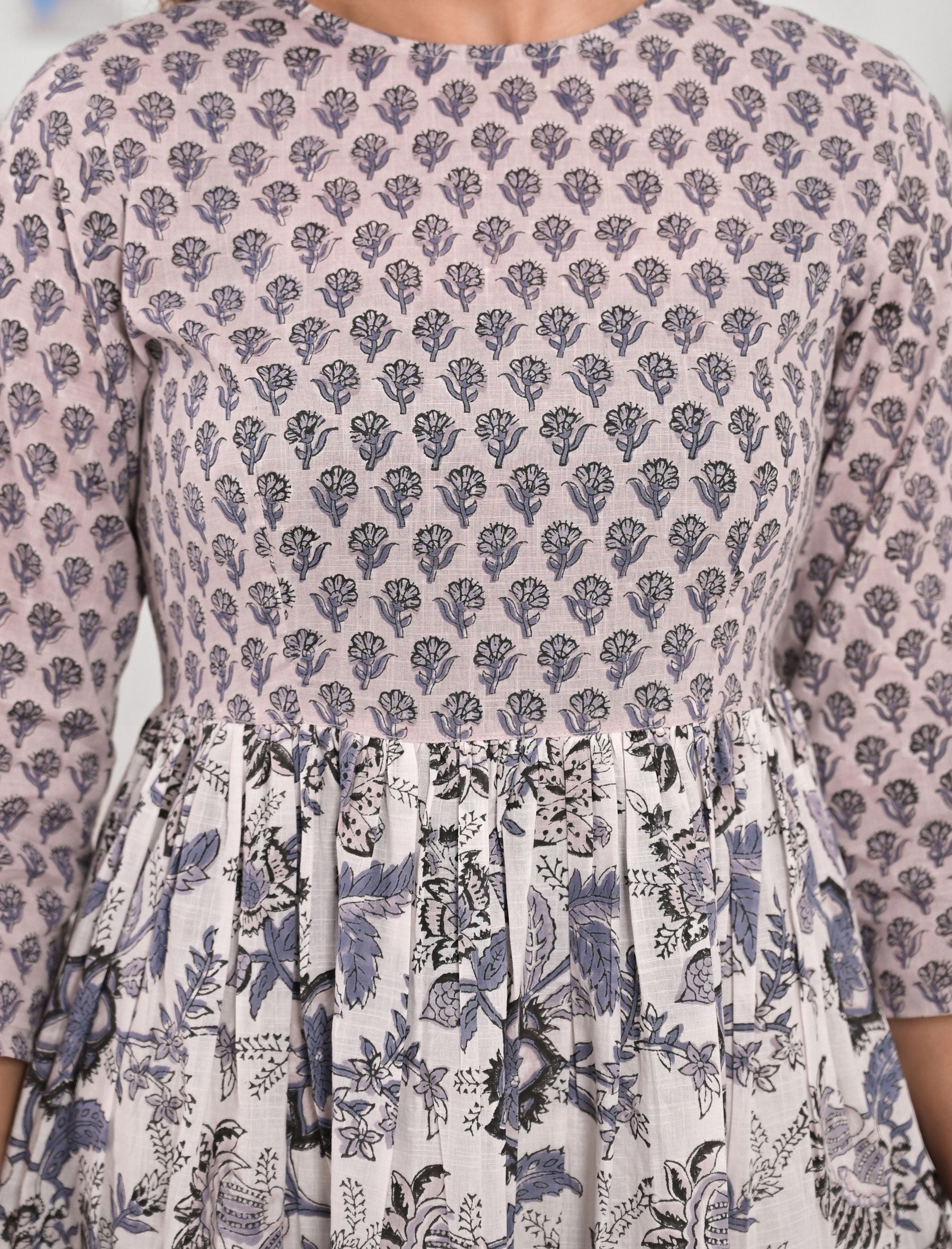 White Grey Jaal Cotton Printed Dress