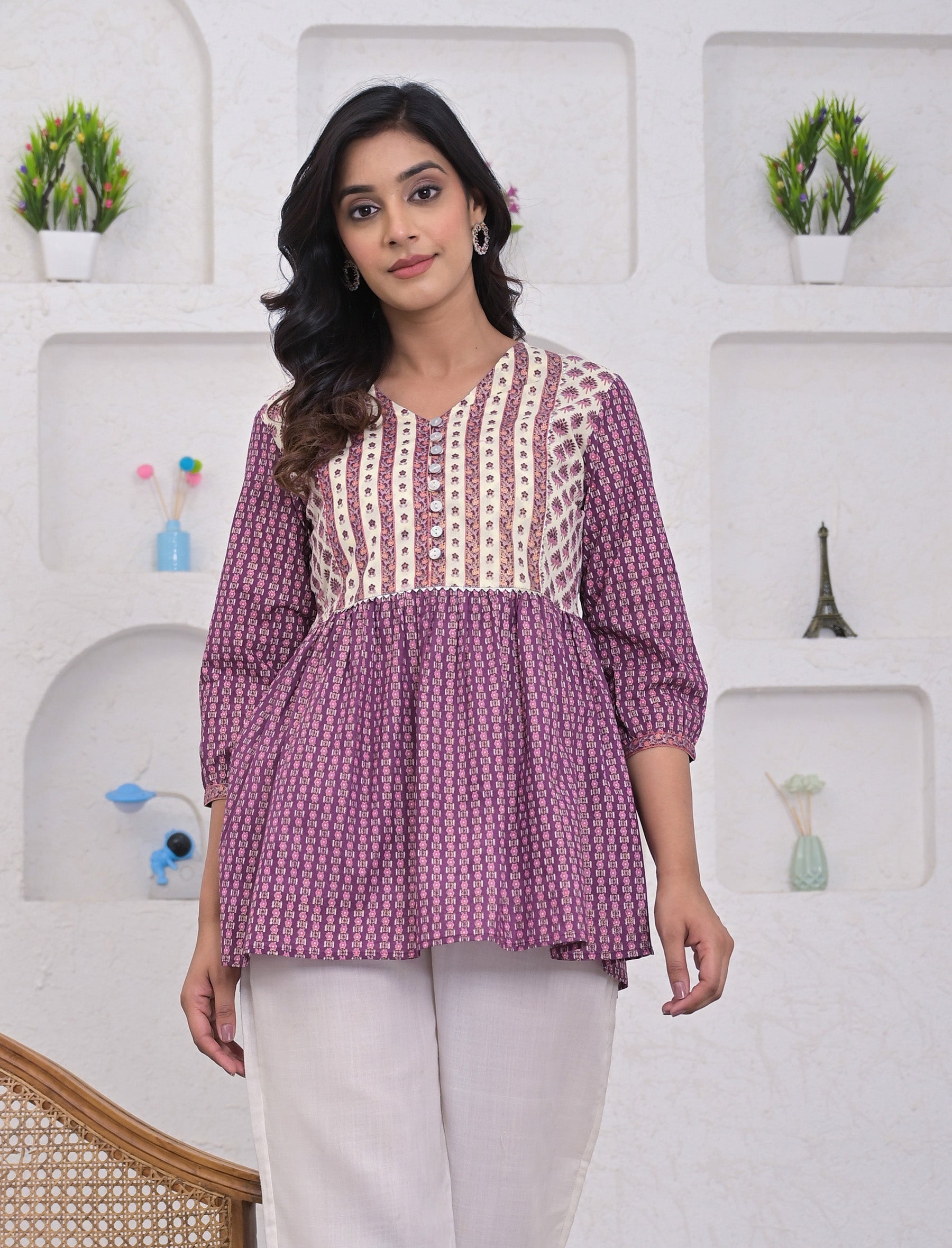 Dark Purple Cotton Printed Short Top