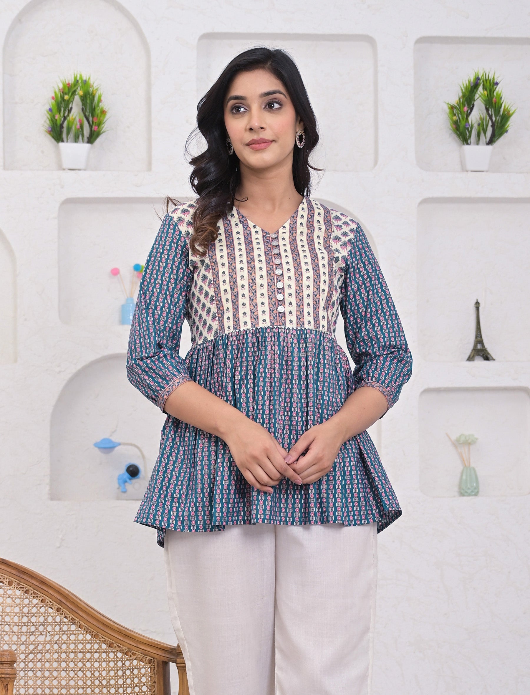 Navy Cotton Printed Short Top