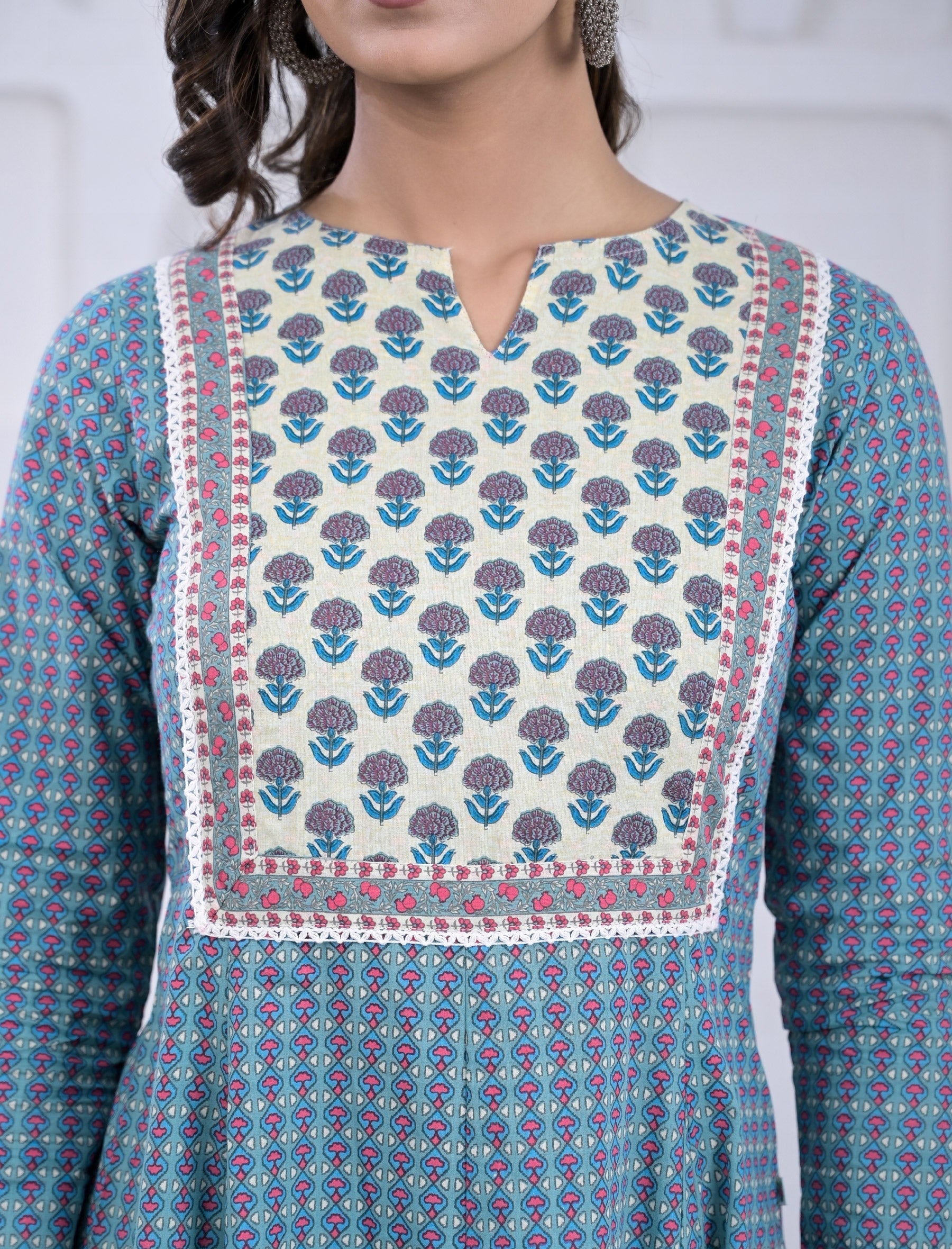 Cotton Blue Block Printed Anarkali Dress