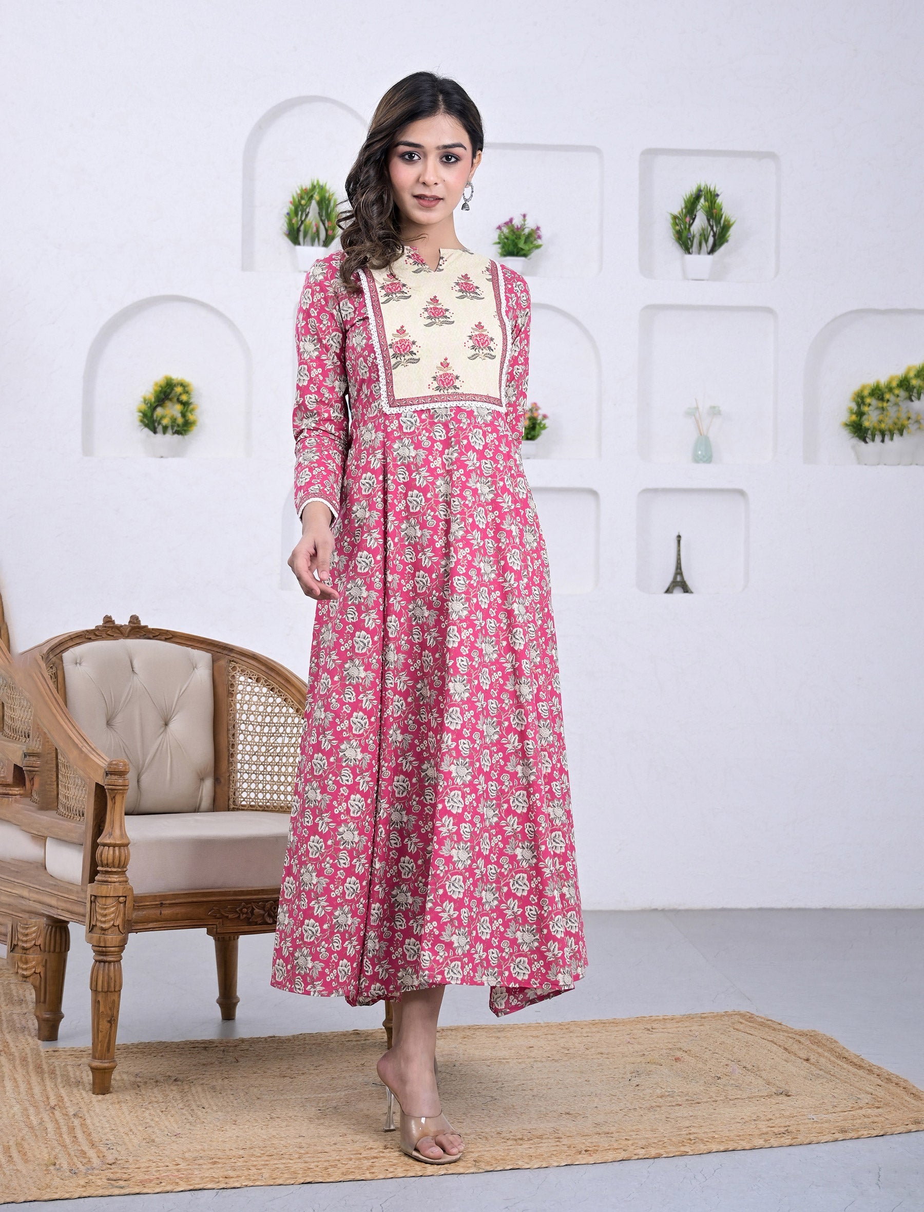 Cotton Pink Block Printed Anarkali Dress