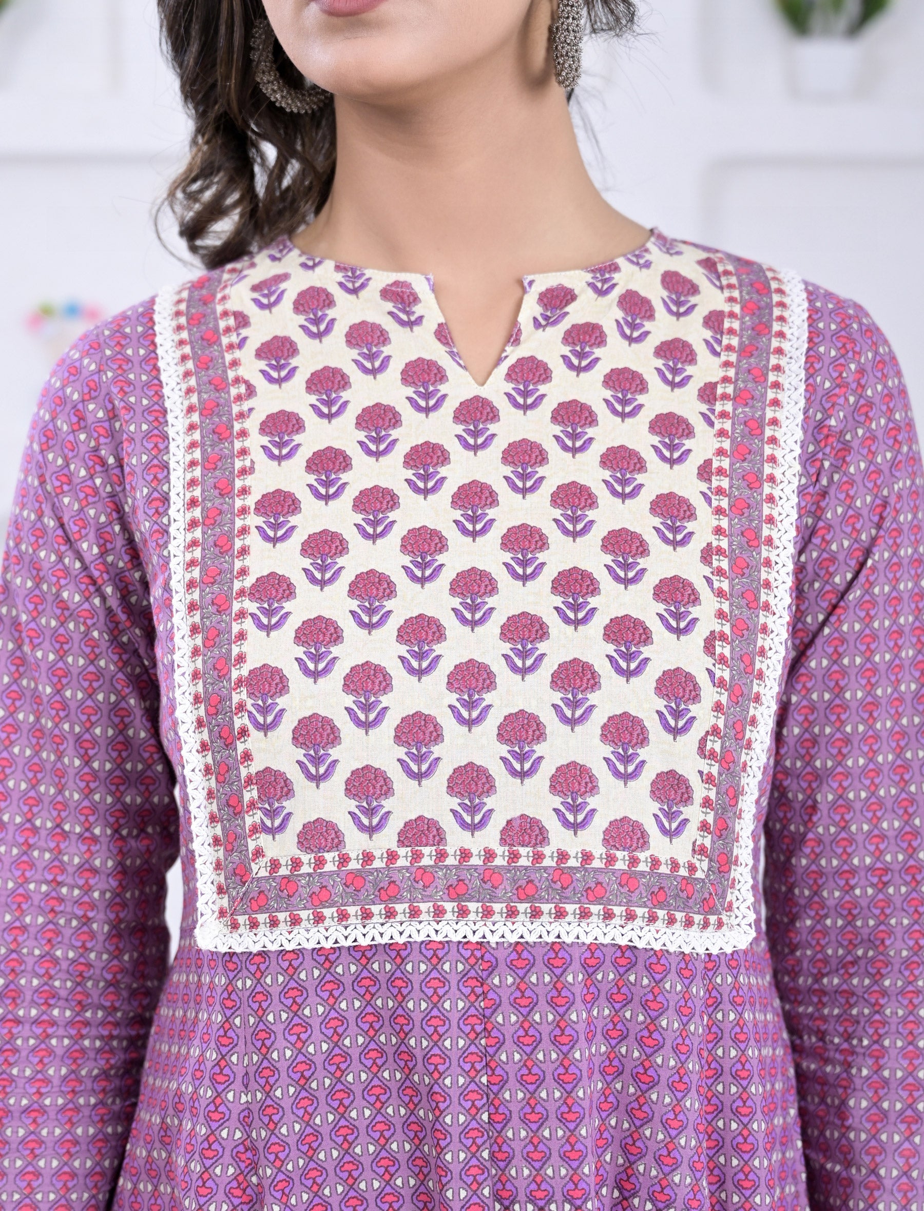 Cotton Purple Block Printed Anarkali Dress