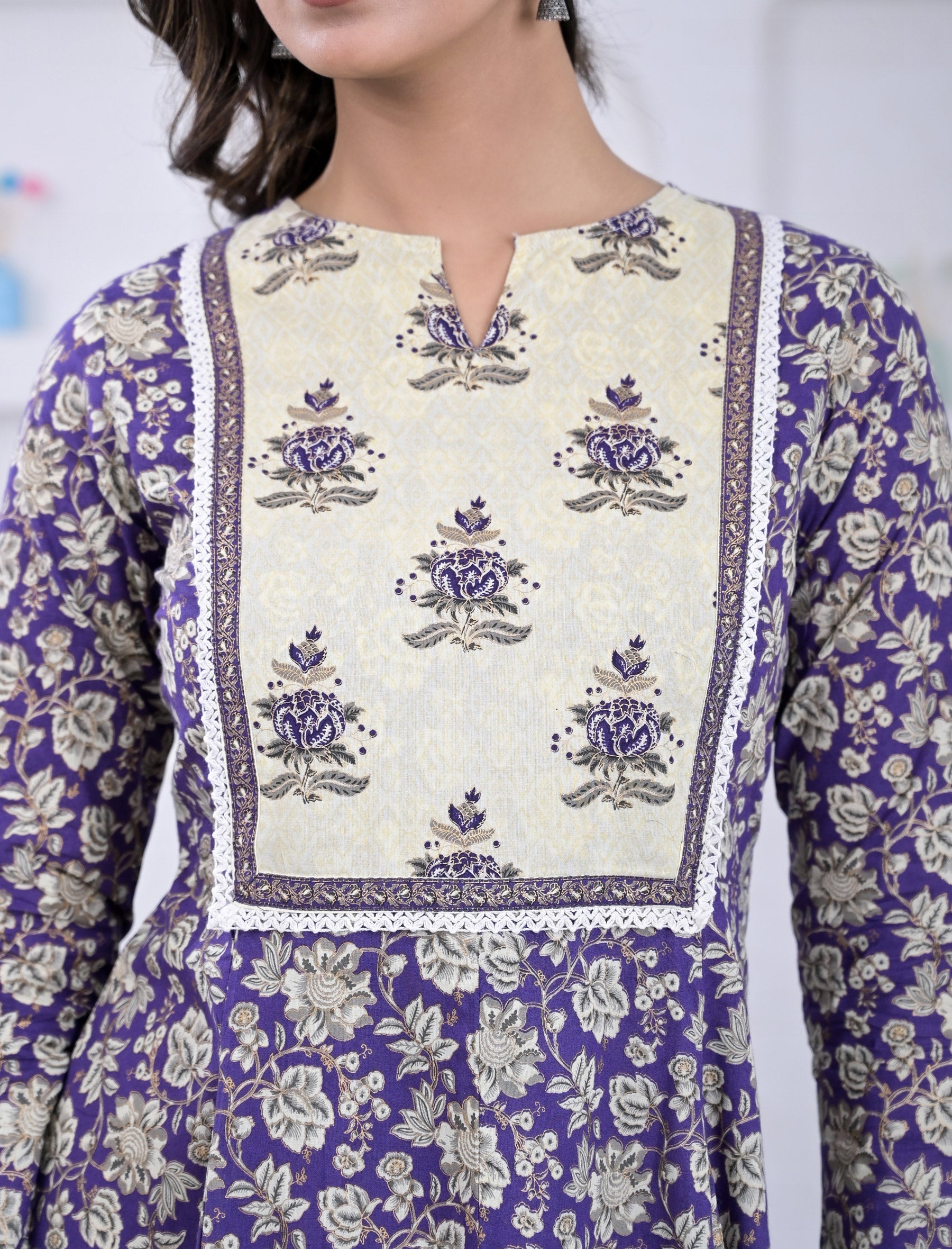 Cotton Violet Block Printed Anarkali Dress