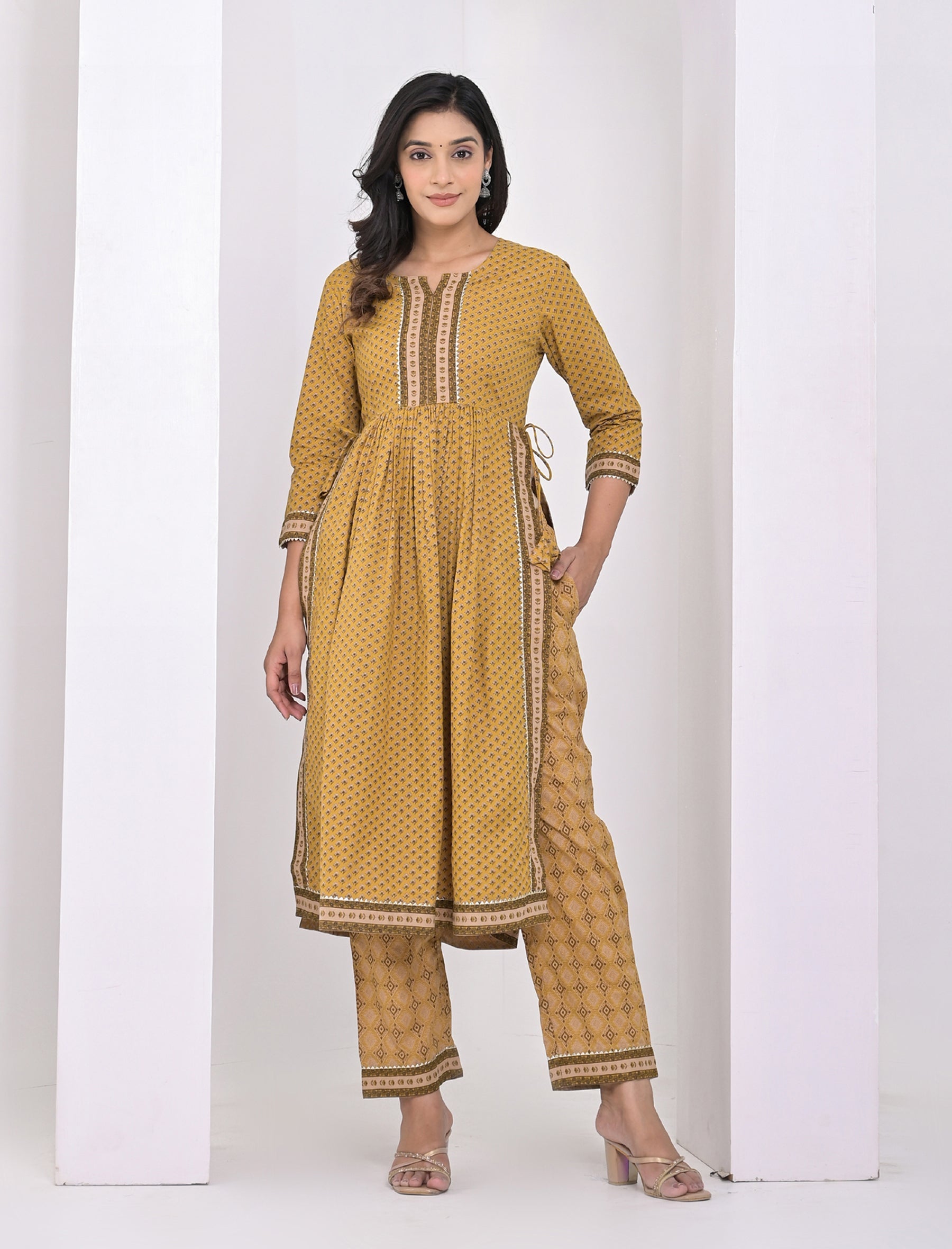 Mustard Block Printed Cotton Pant Set