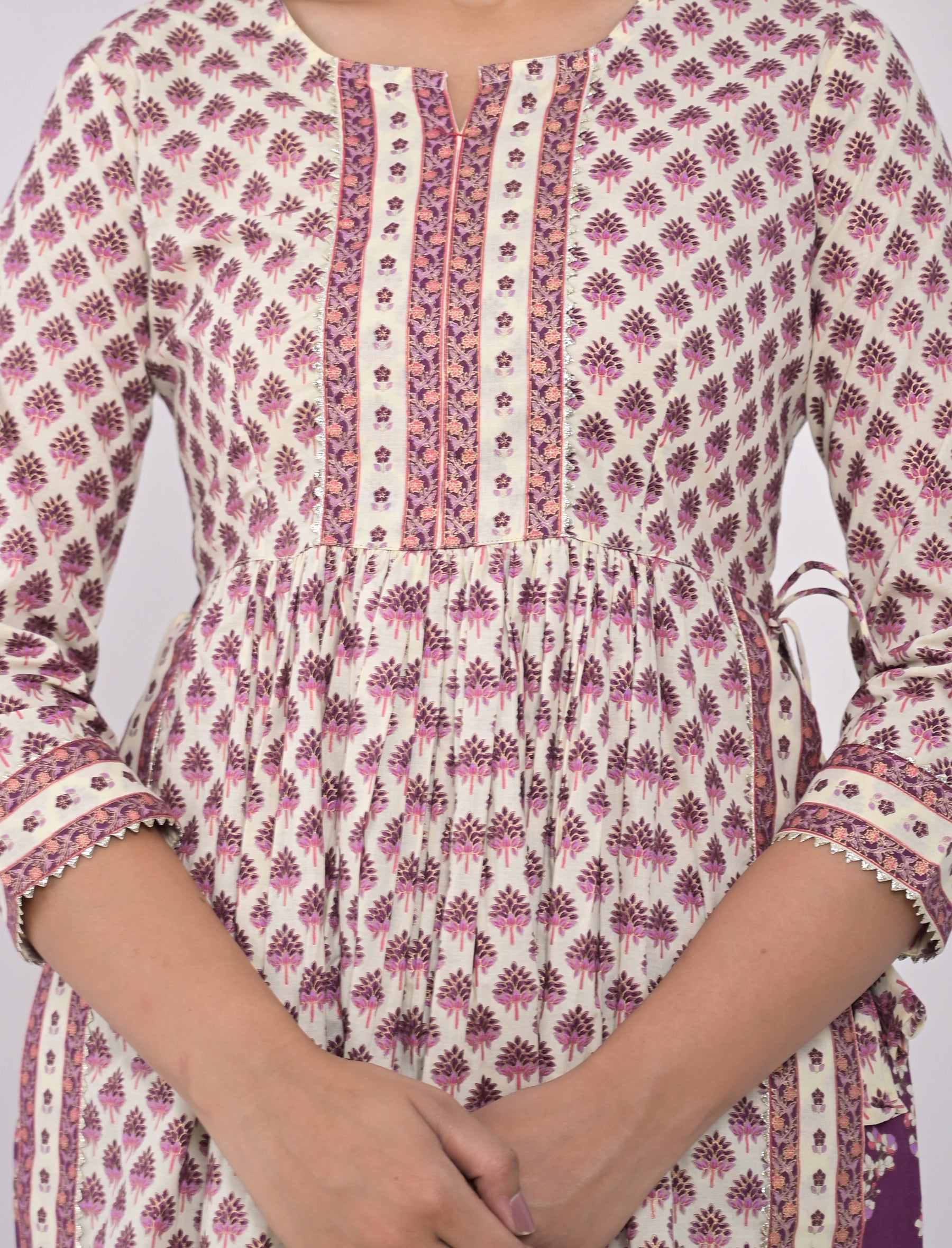 White Purple Block Printed Cotton Pant Set