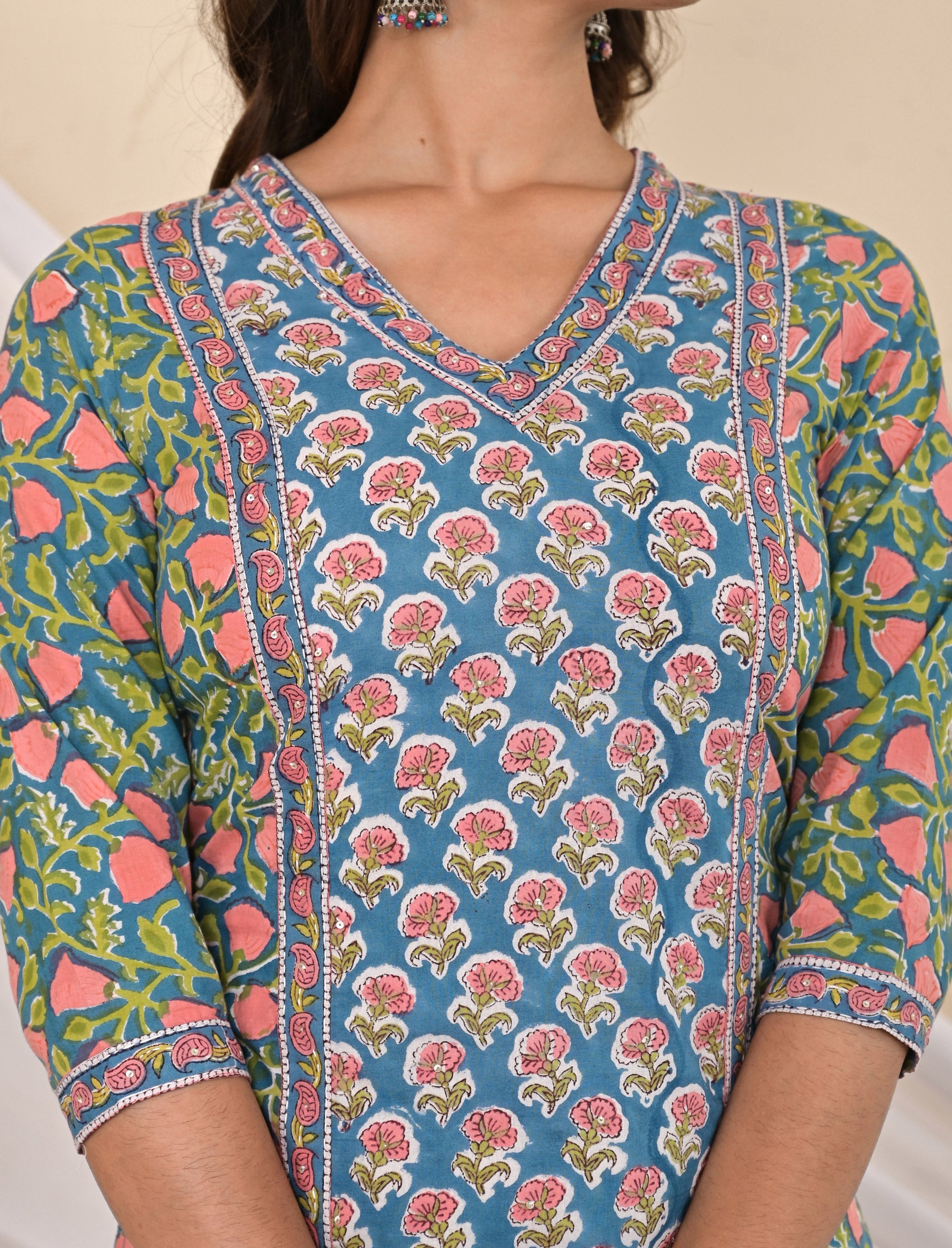 Cotton Block Printed Green Blue Kurti