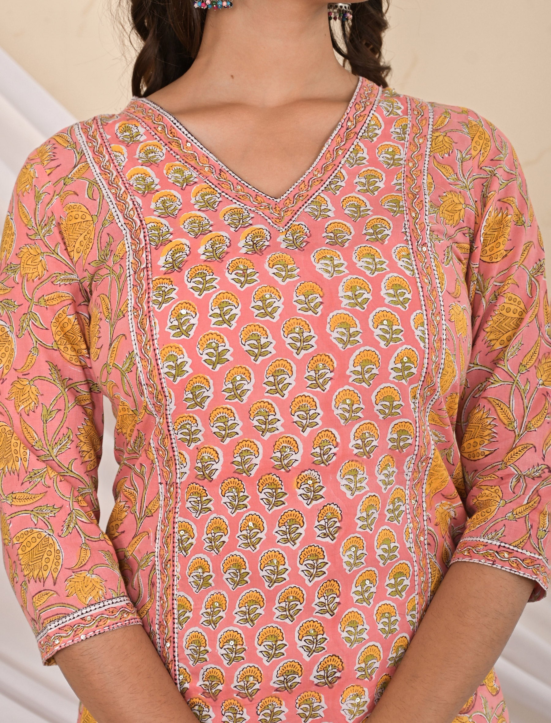 Cotton Block Printed Orange Jaal Kurti