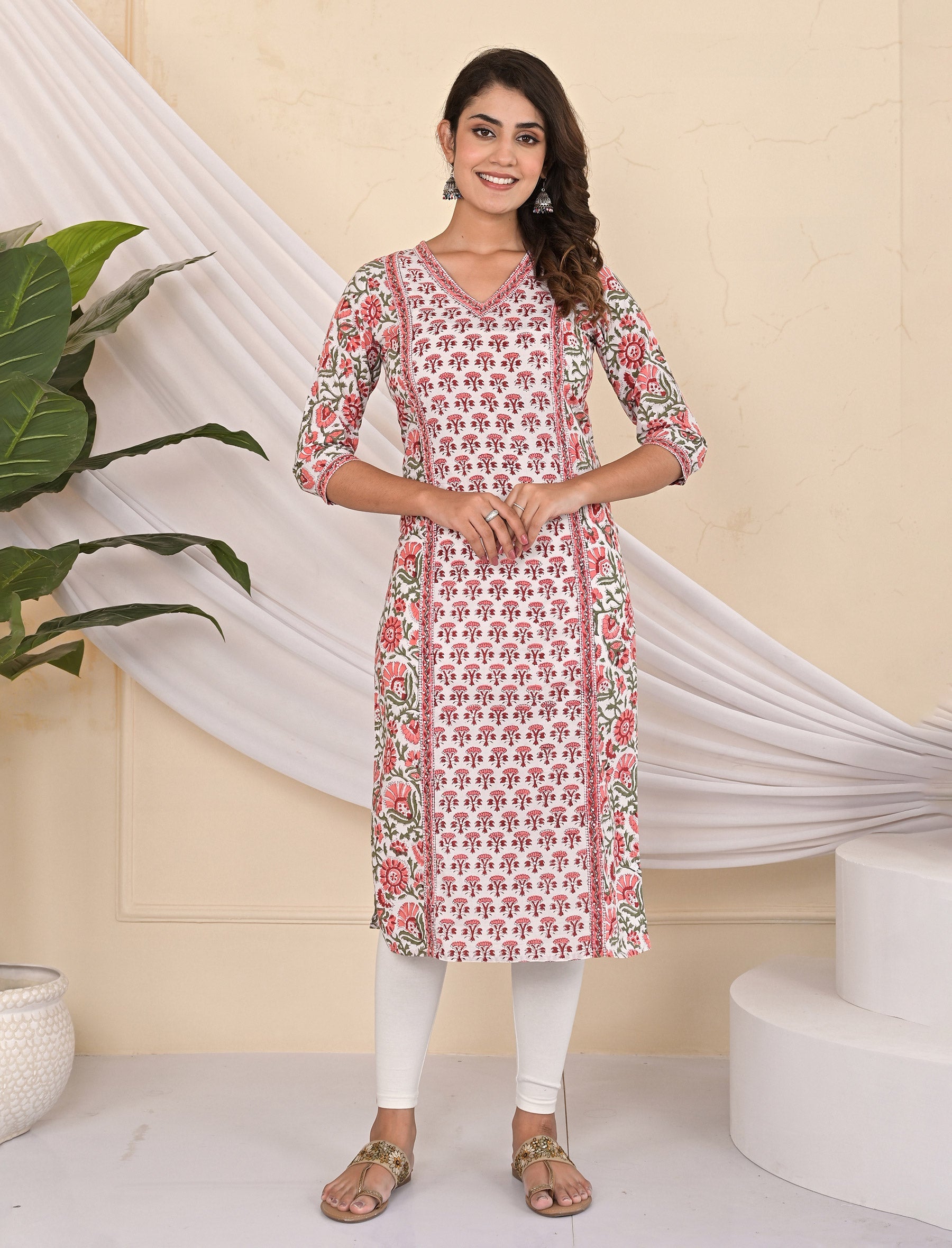 Cotton Block Printed White Jaal Kurti