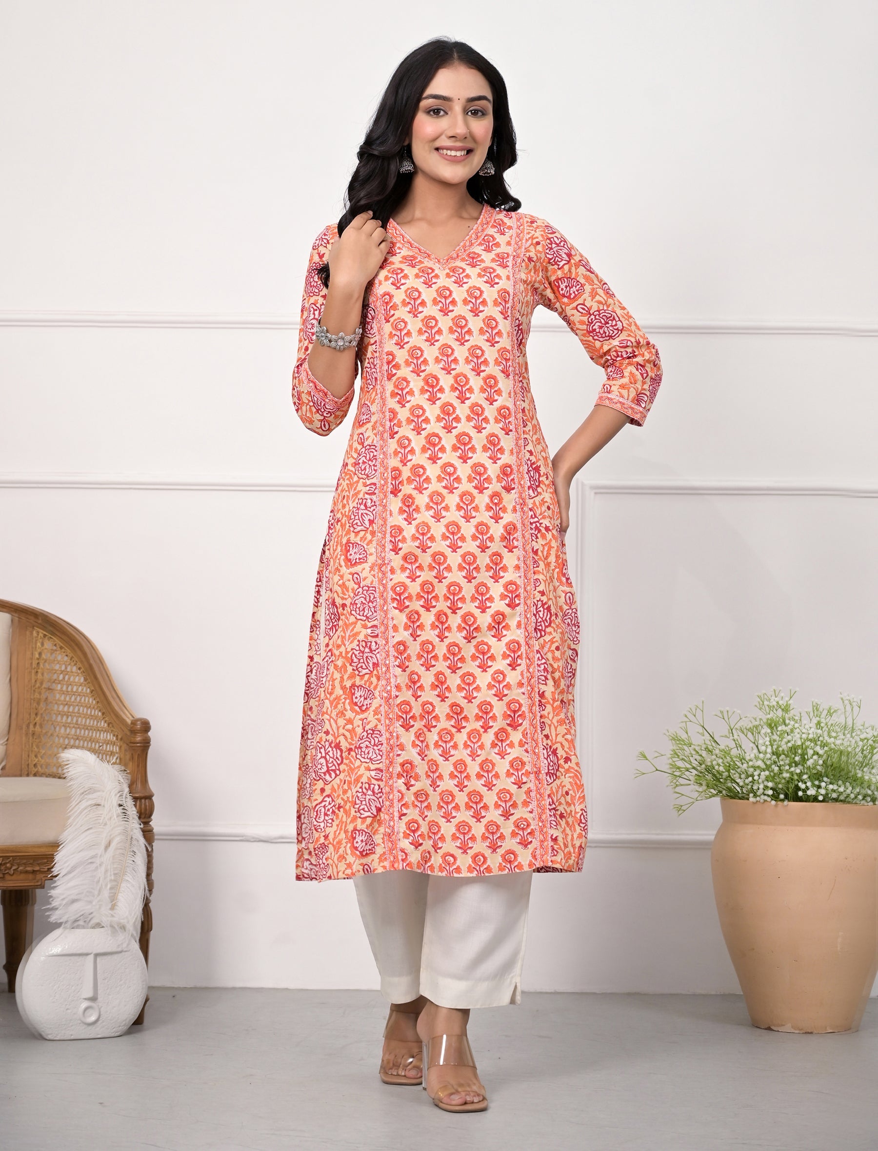 Pink Butti Block Printed Cotton Straight Kurti