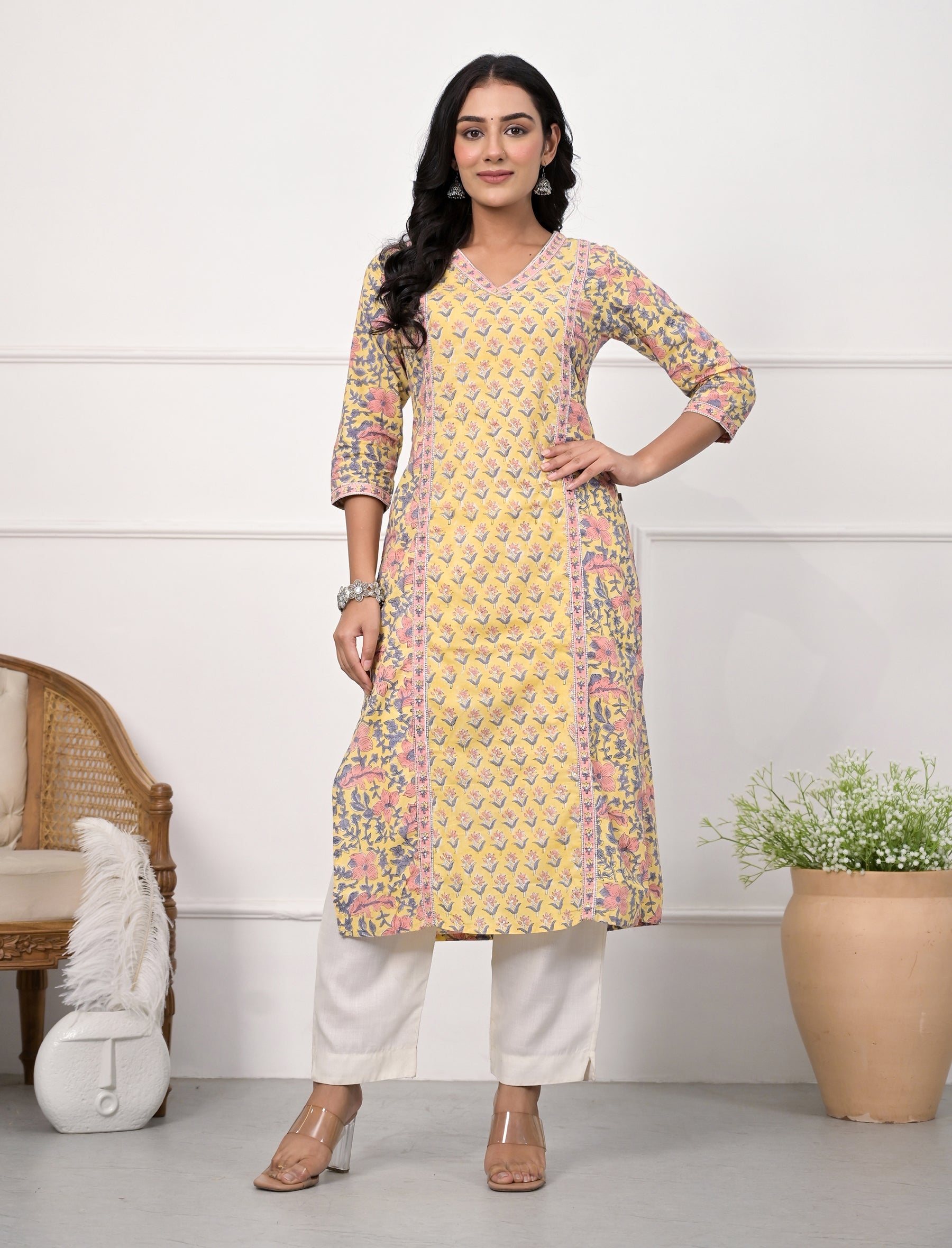 Yellow Butti Block Printed Cotton Straight Kurti