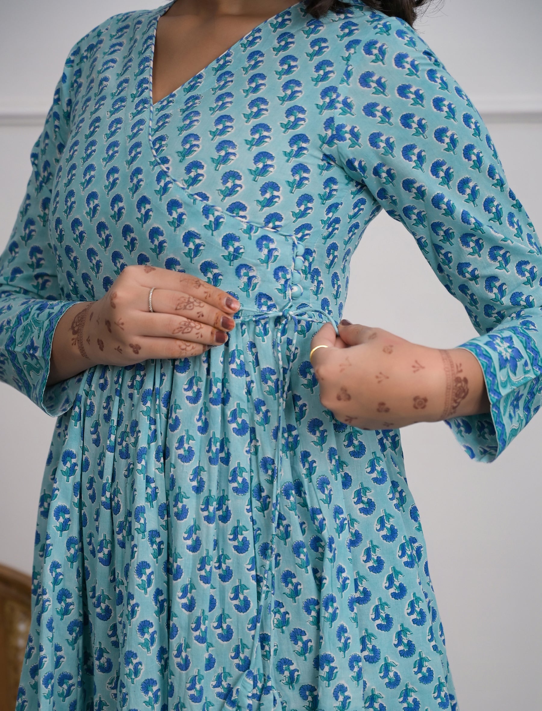 Blue Block Printed Long Angrakha Cotton Dress