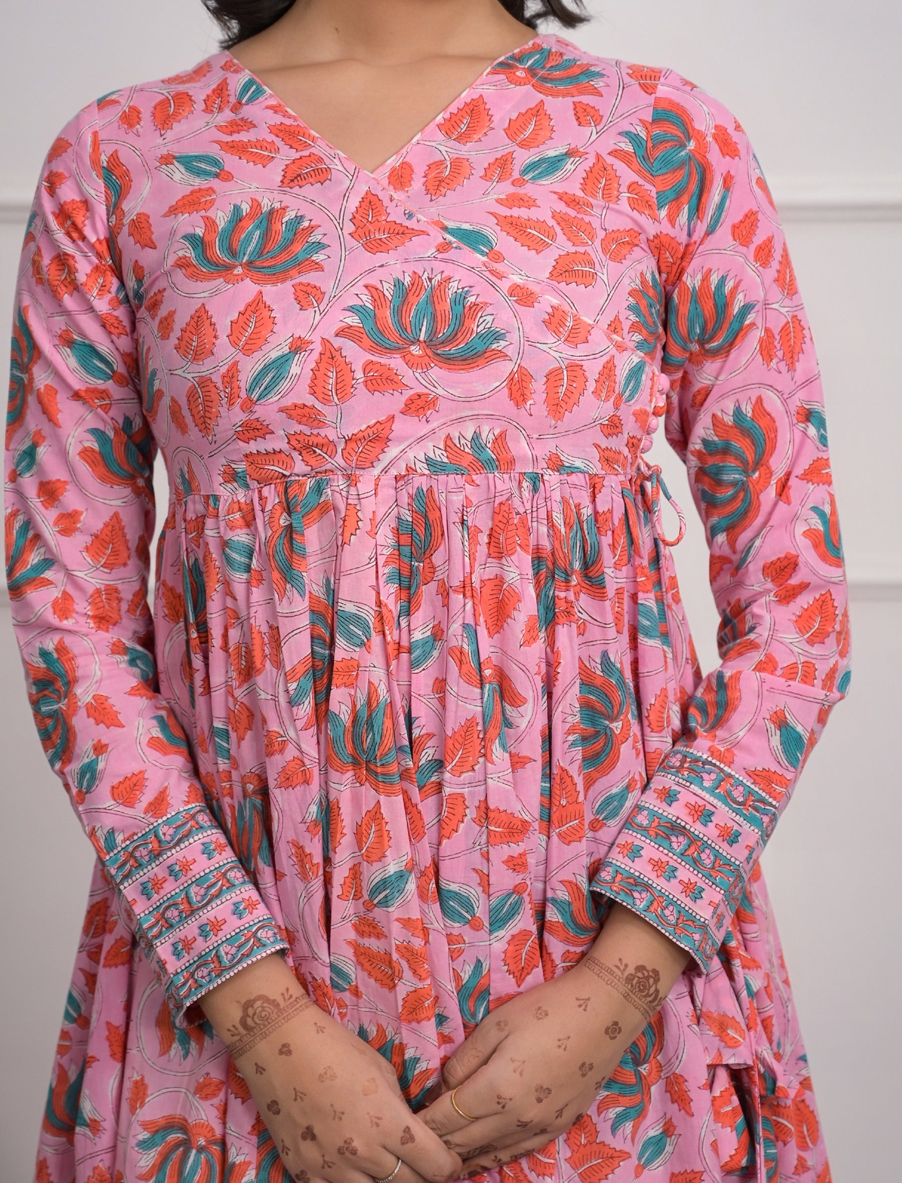 Pink Block Printed Long Angrakha Cotton Dress