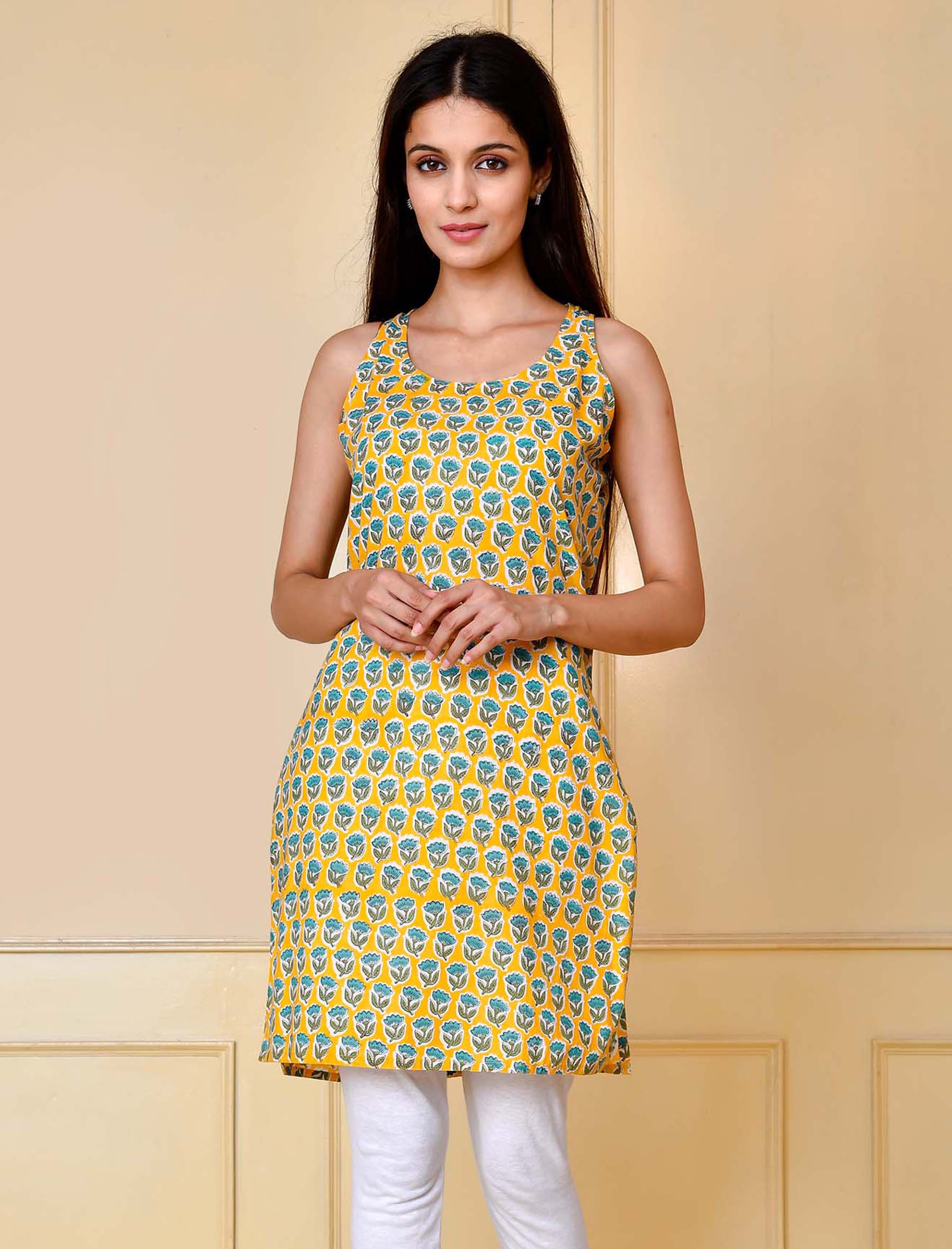 Mustard Printed Cotton Sleeveless Short Top
