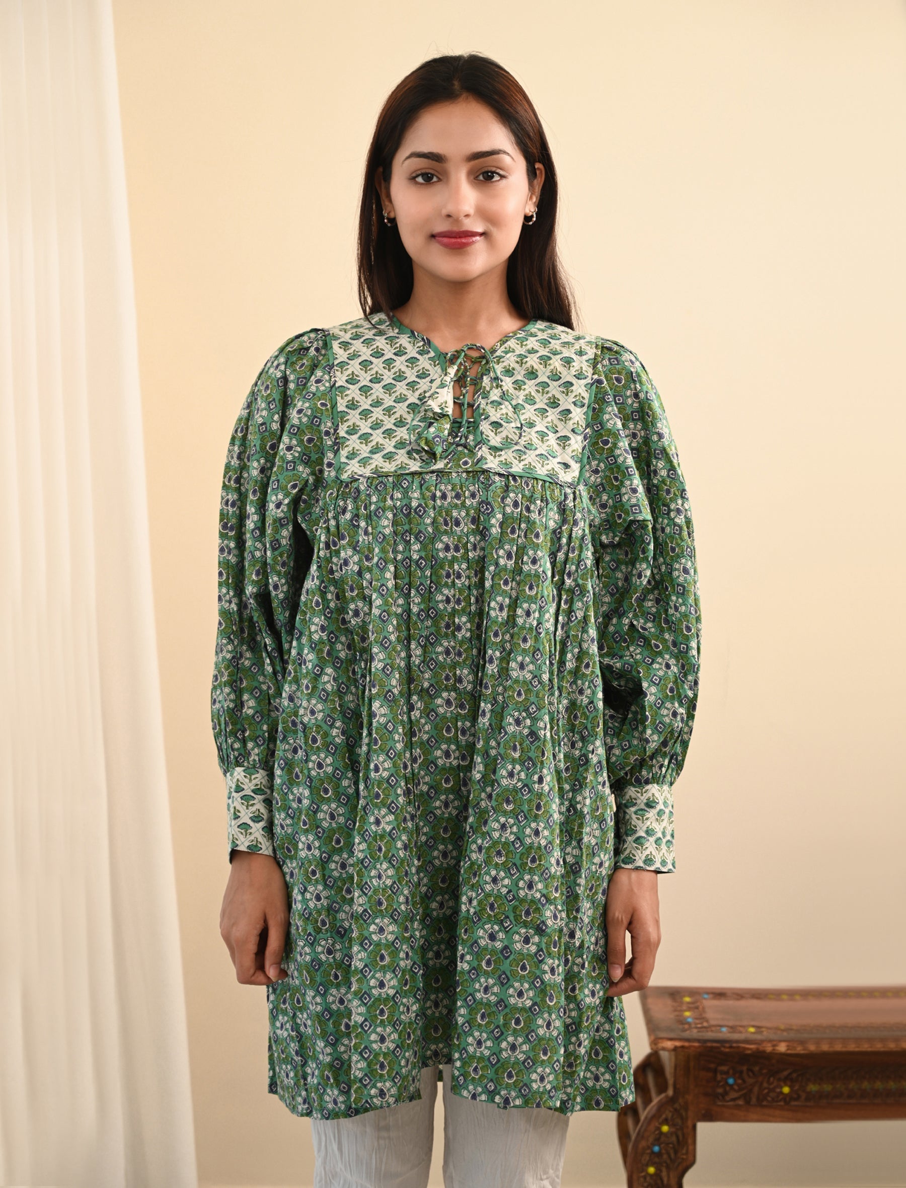 Green Flared Shoulder Block Printed Cotton Dress