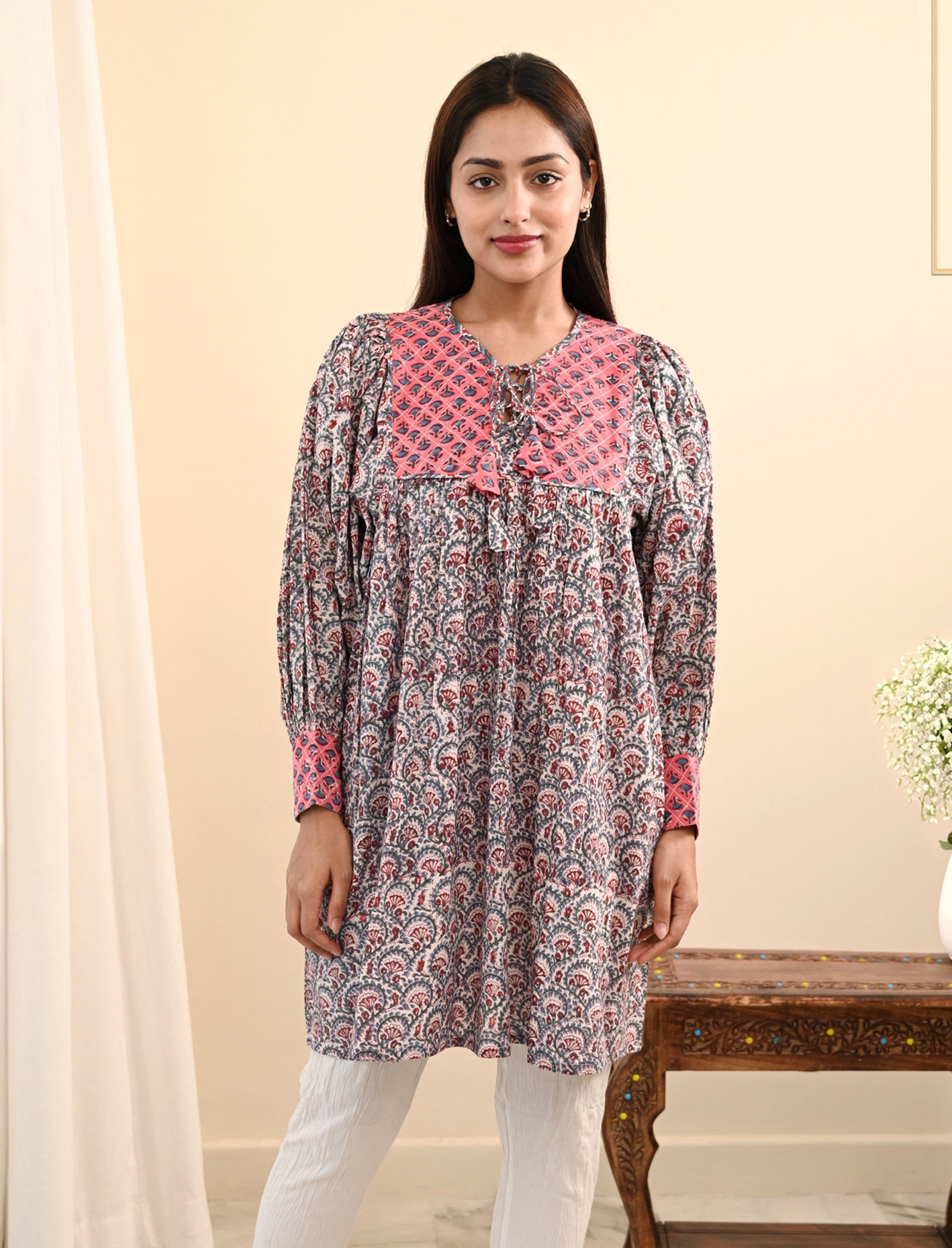 Peach Flared Shoulder Block Printed Cotton Top