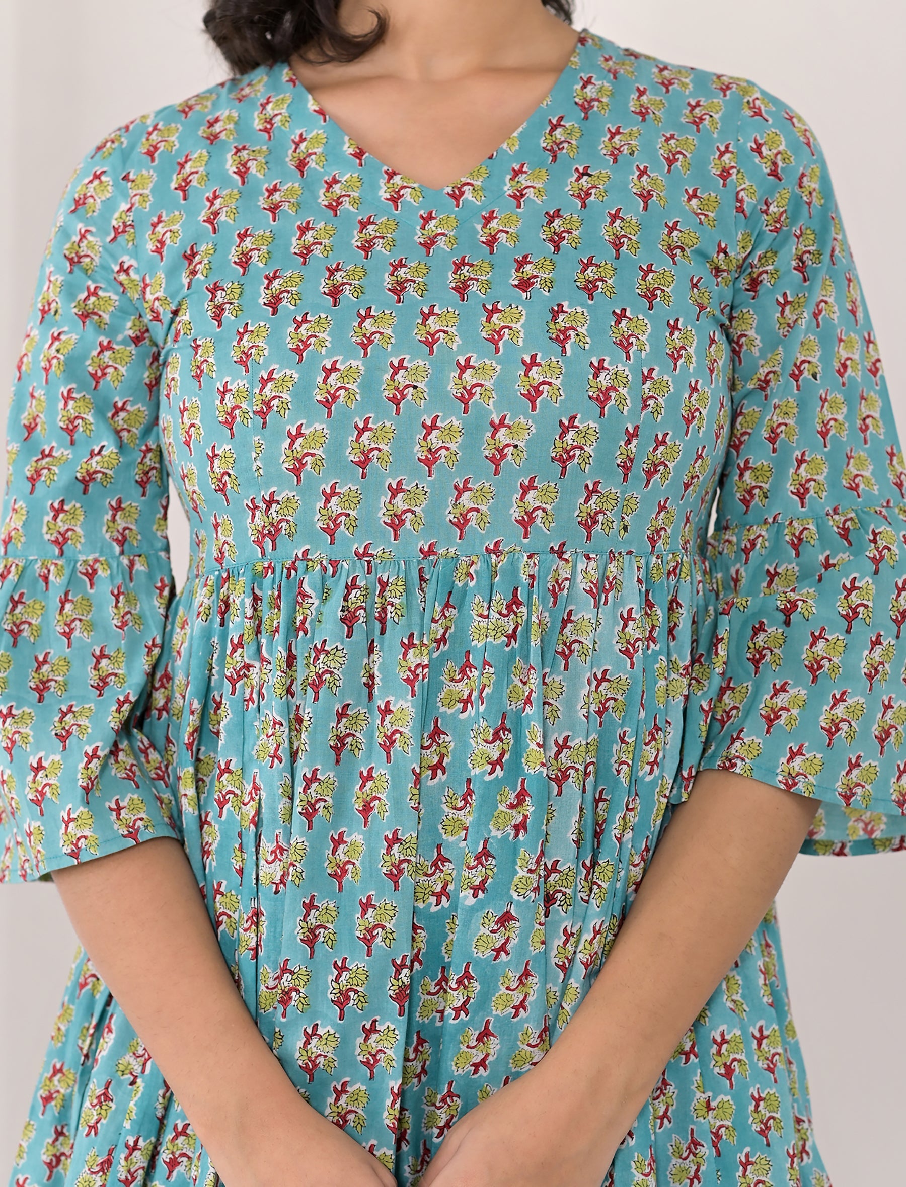 Green Block Printed Cotton Dress