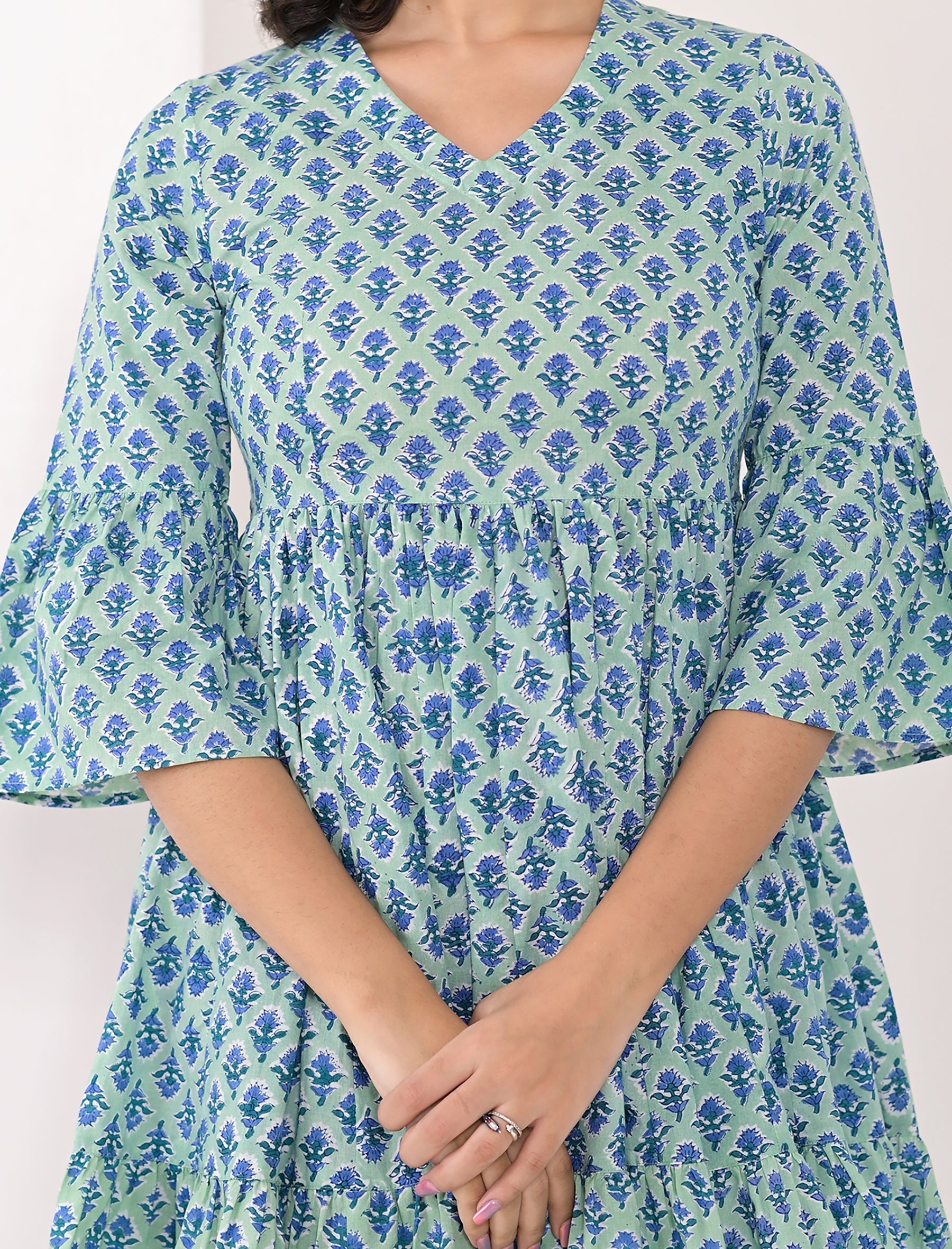 Sea Blue Block Printed Cotton Dress