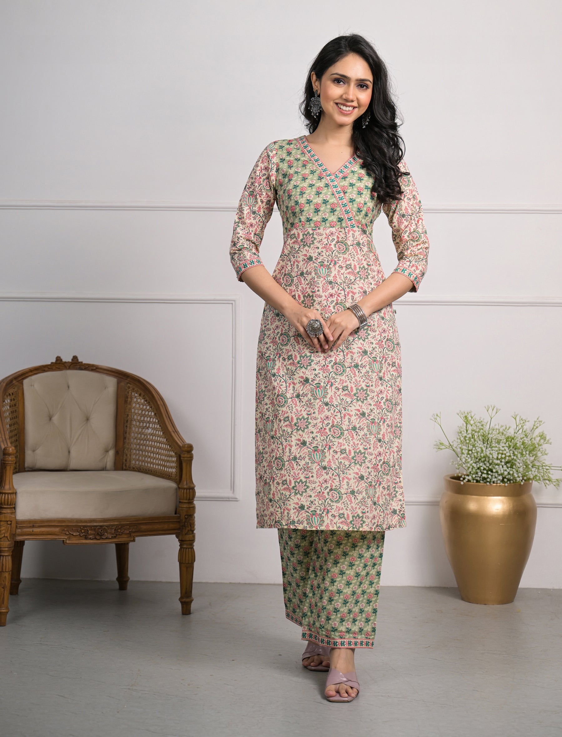 Green Cream Printed Cotton Block Printed Pant Set Of 2