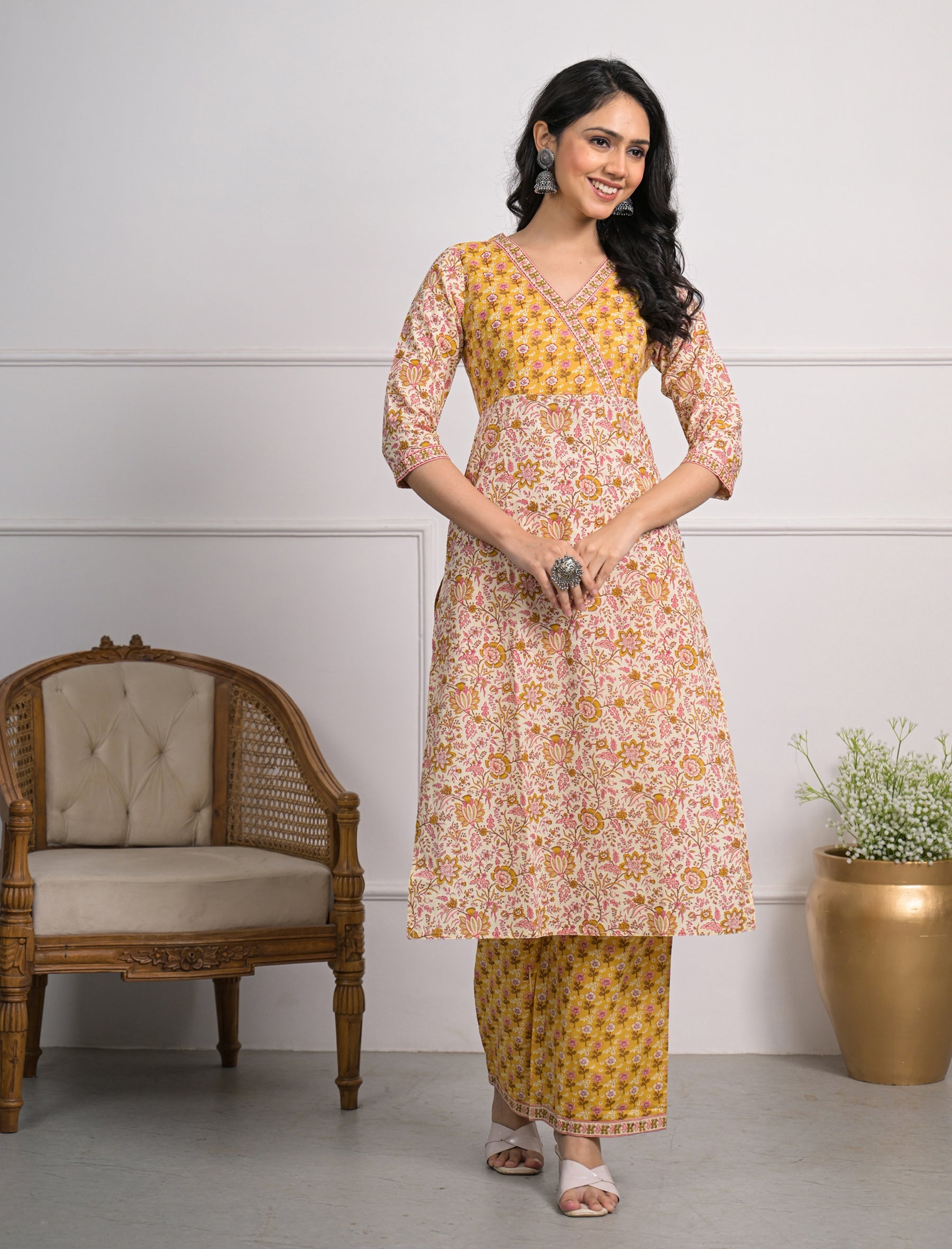 Yellow Cream Printed Cotton Block Printed Pant Set Of 2