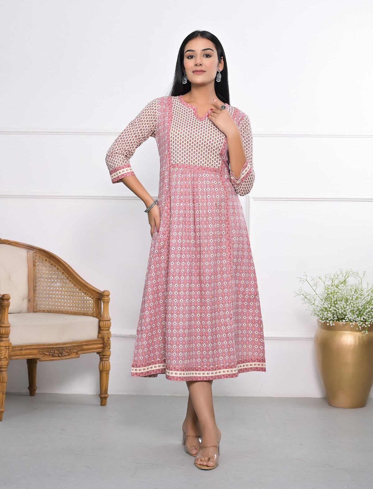 Pink Cotton Printed Dress