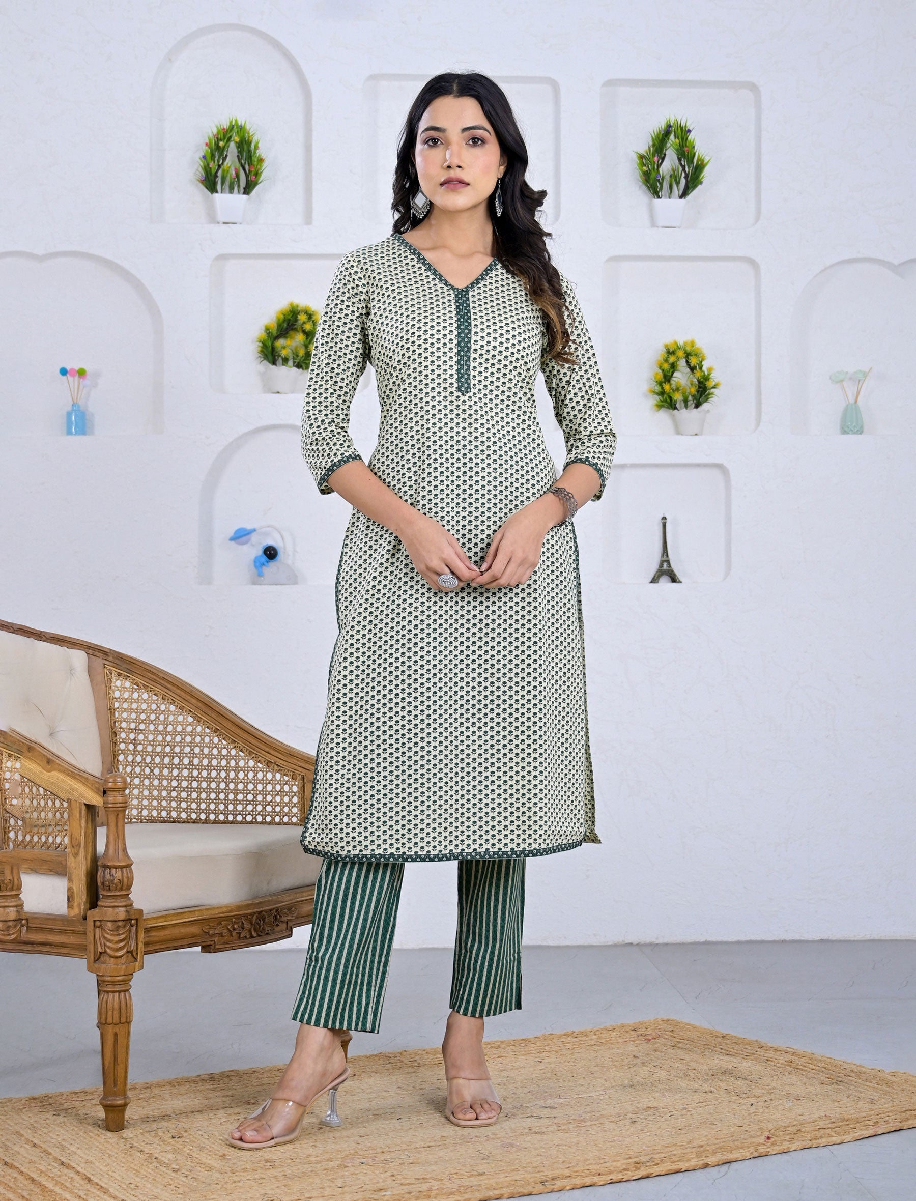 Green Block Printed Cotton Pant Set
