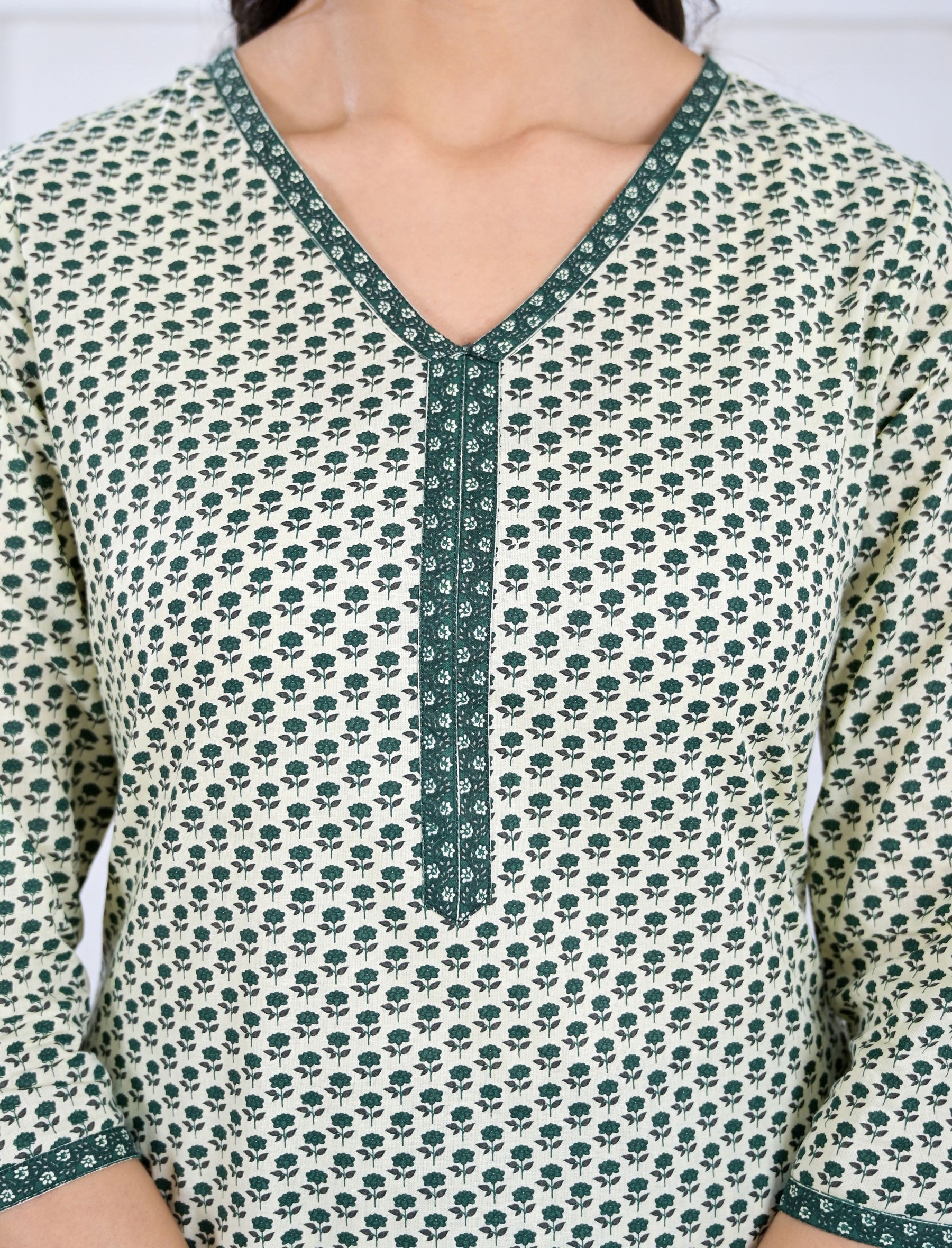 Green Block Printed Cotton Pant Set