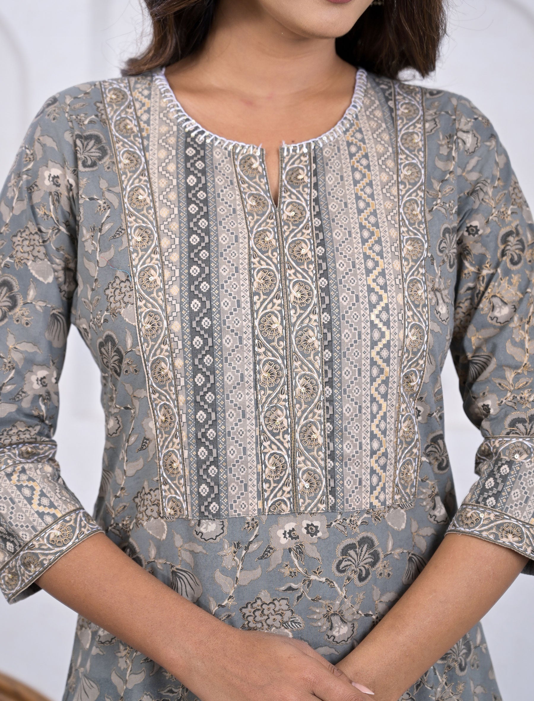 Grey Block Printed Cotton Pant Set