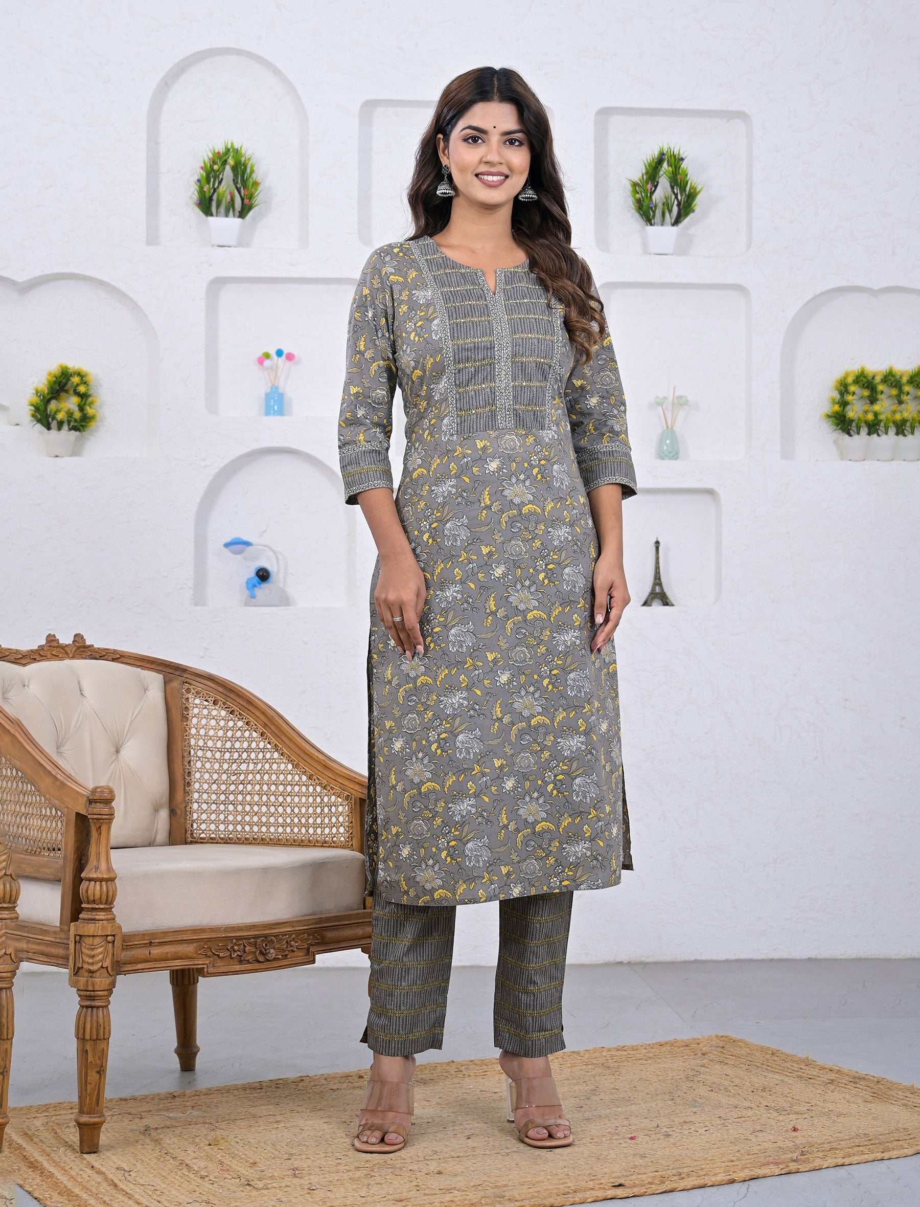 Grey Yellow Block Printed Cotton Pant Set