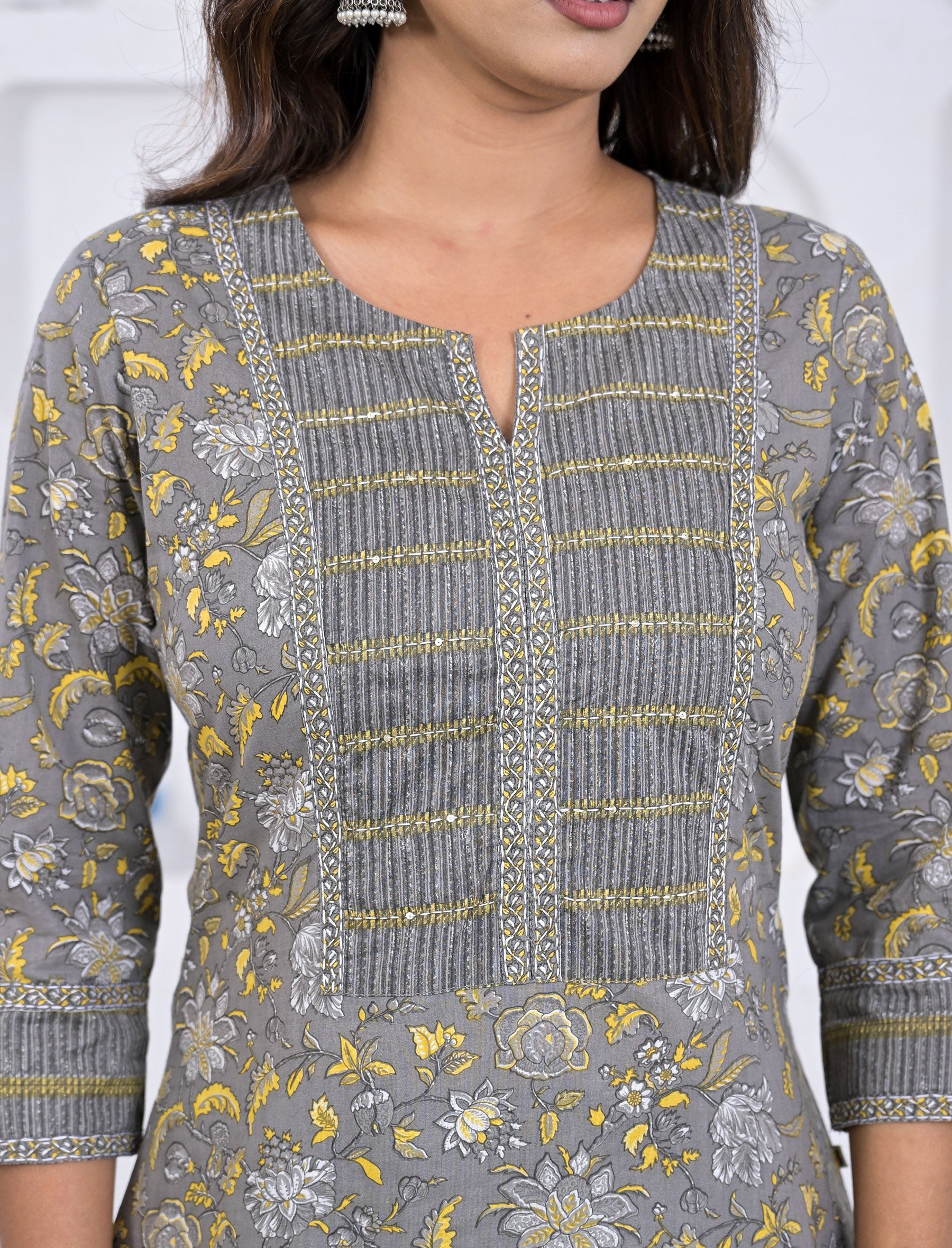 Grey Yellow Block Printed Cotton Pant Set