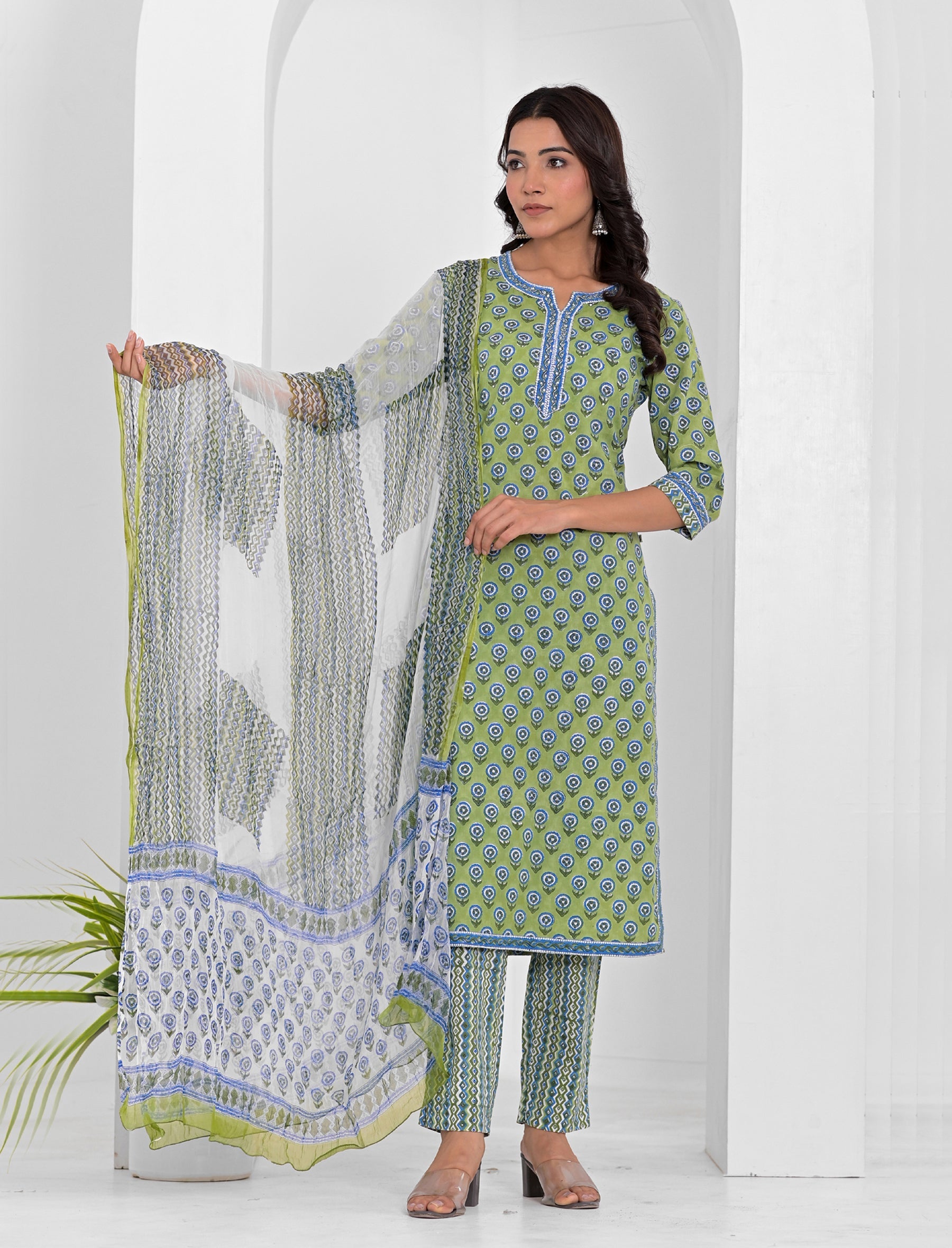 Green Block Printed Cotton Kurta Pant Set