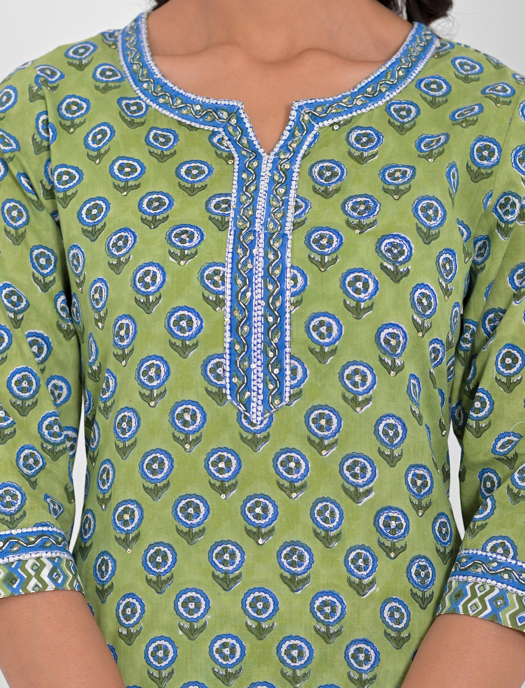 Green Block Printed Cotton Kurta Pant Set