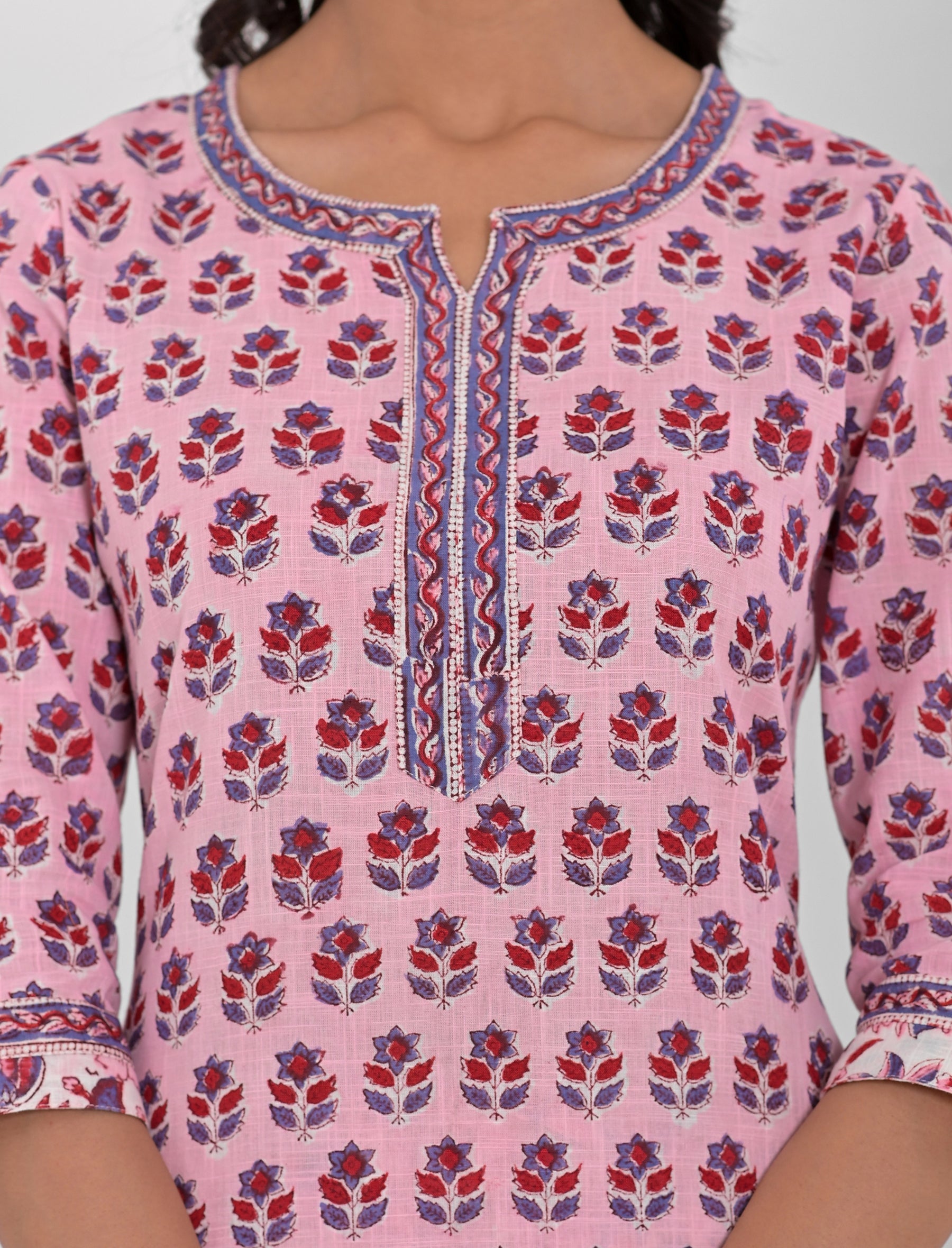 Pink Block Printed Cotton Kurta Pant Set