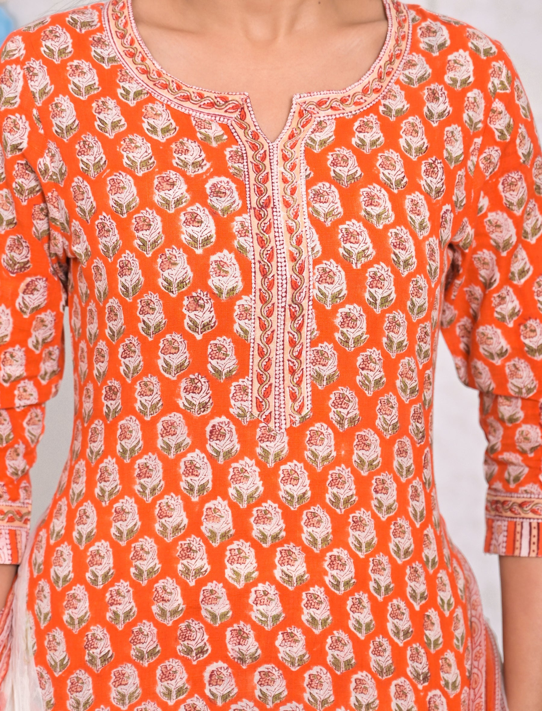 Orange Block Printed Cotton Kurta Pant Set