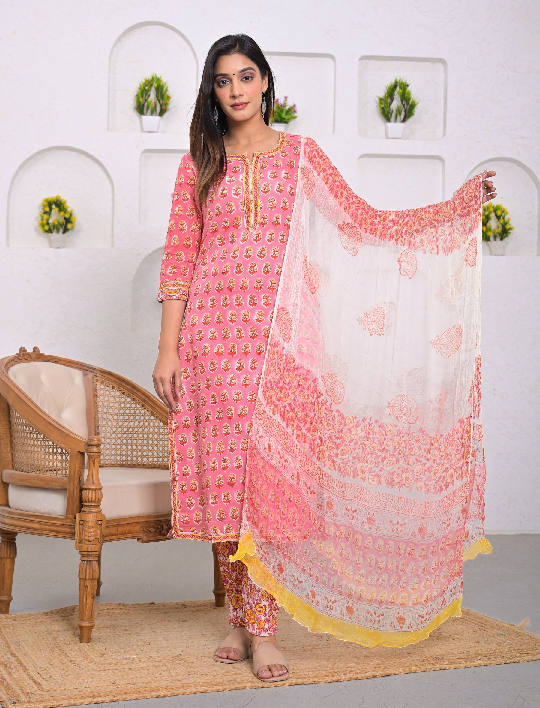 Pink Block Printed Cotton Kurta Pant Set