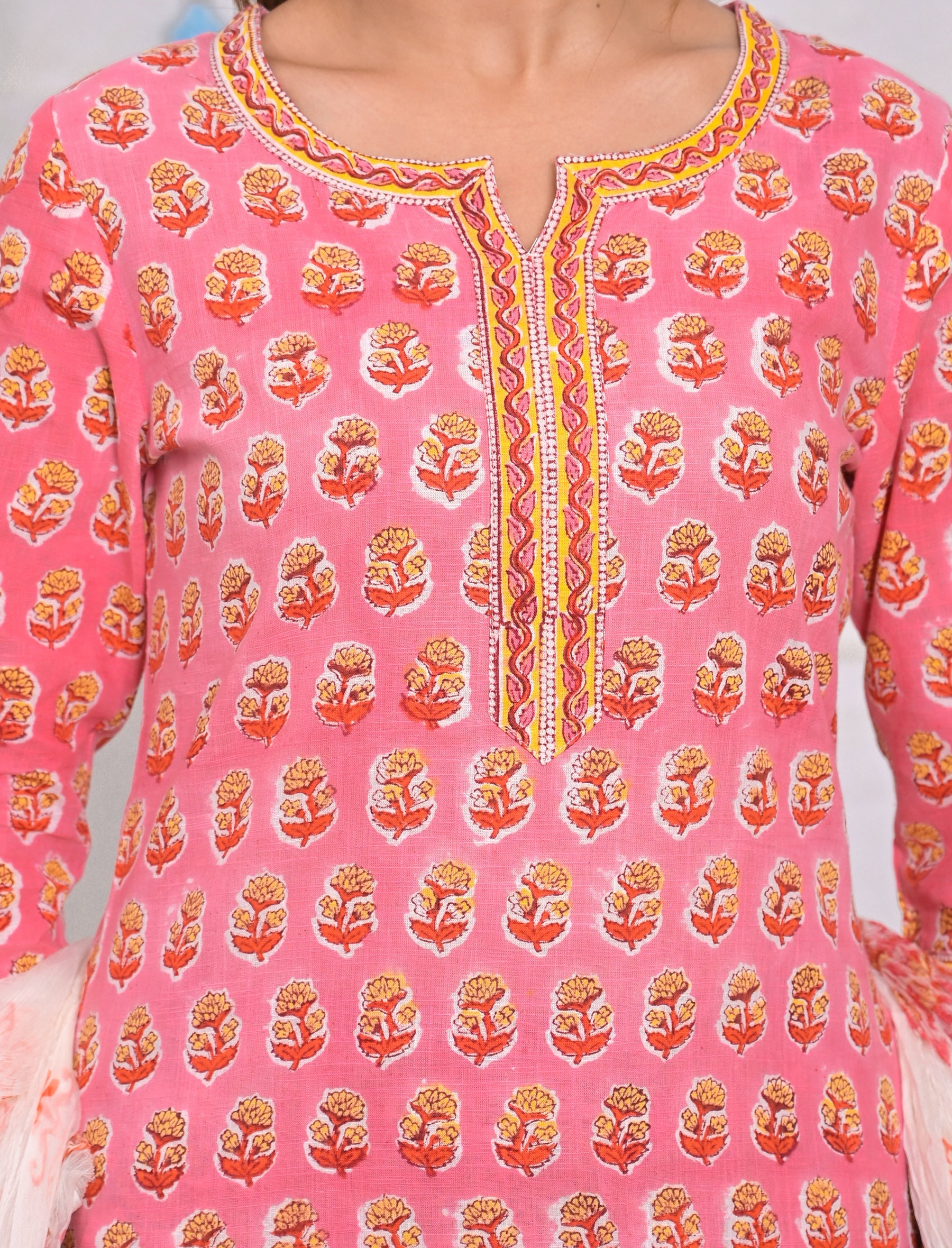 Pink Block Printed Cotton Kurta Pant Set