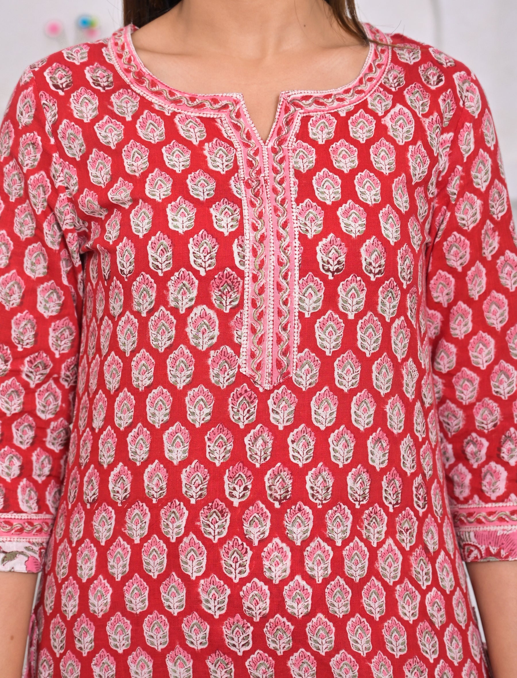 Red Block Printed Cotton Kurta Pant Set