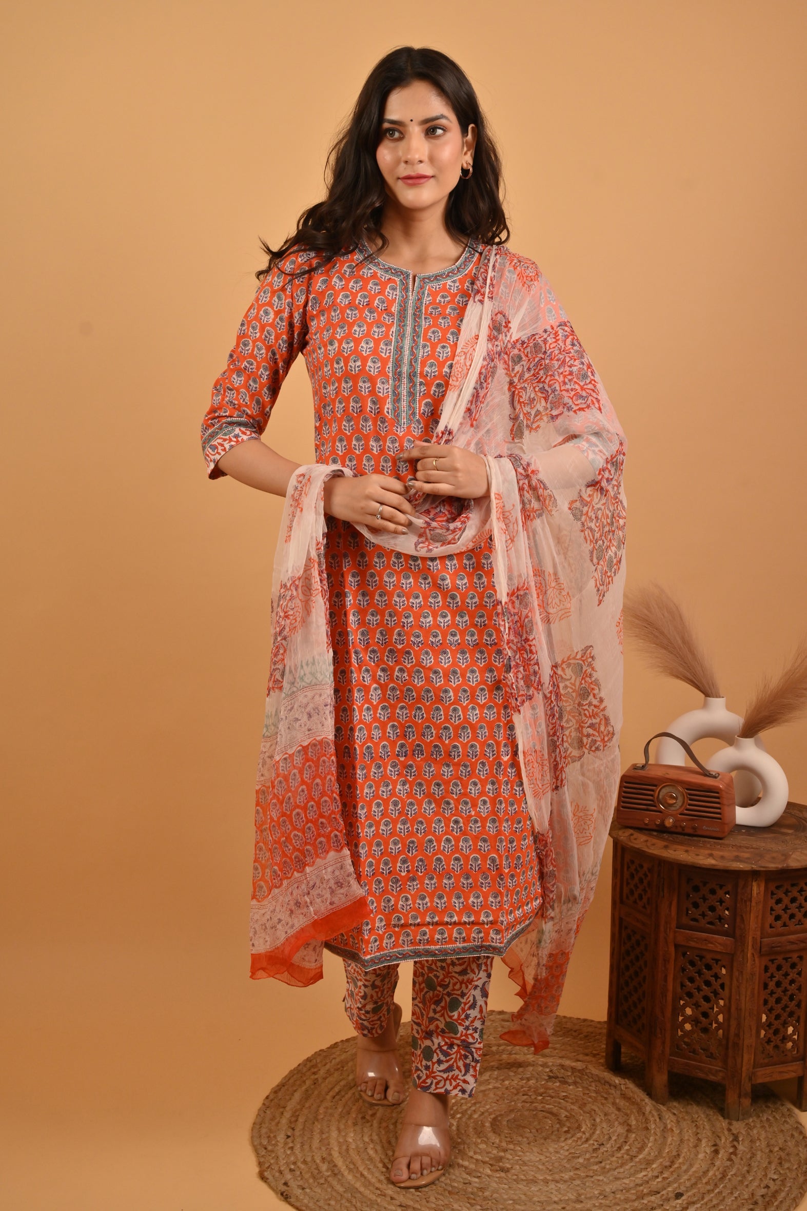 Crimson Block Printed Cotton Kurta Pant Set