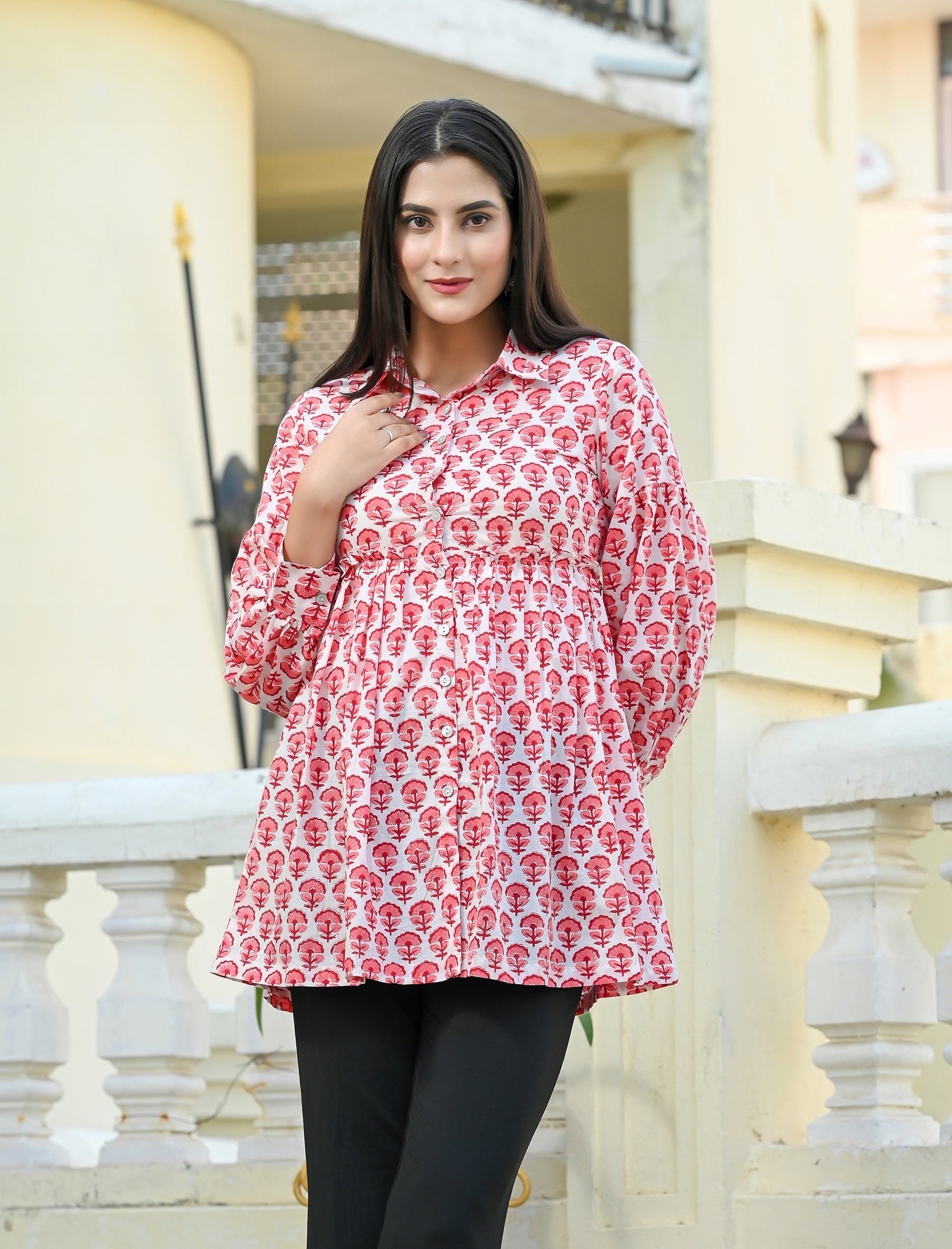 White Jaal Printed Cotton Short Top
